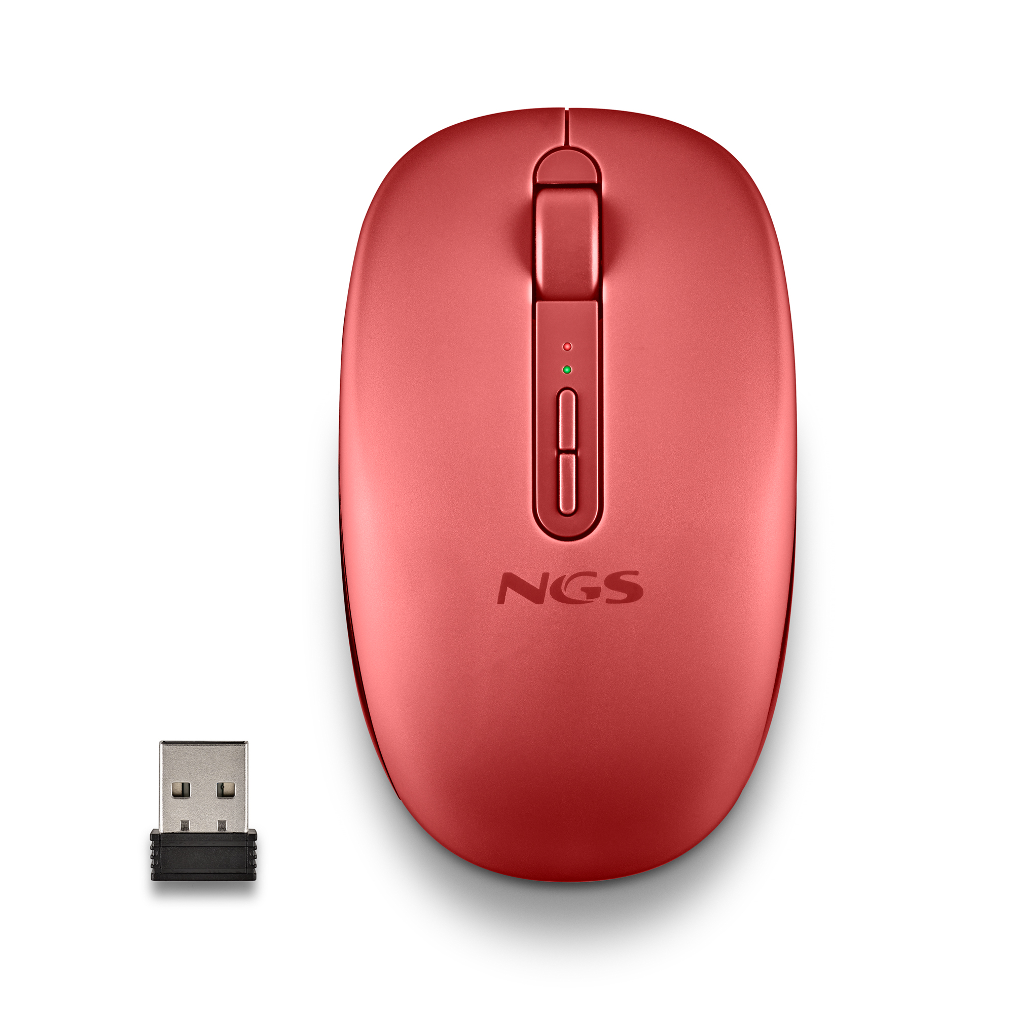 Un mouse wireless NGS rosso e un ricevitore USB su sfondo bianco.