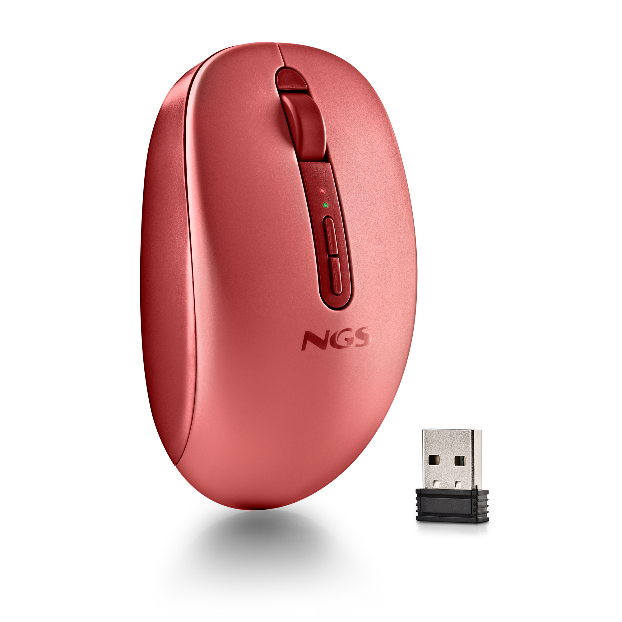 Mouse wireless rosso con rotellina di scorrimento e dongle USB su sfondo bianco.