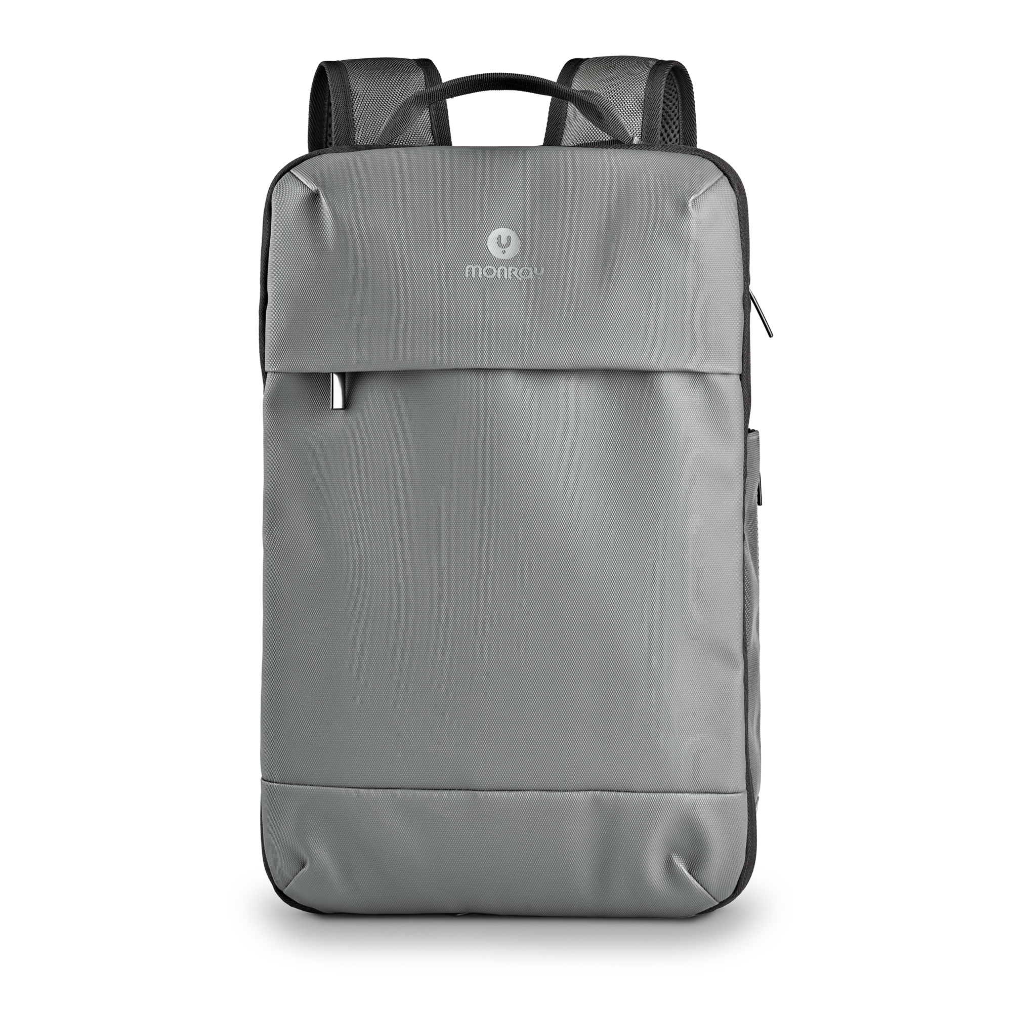 Una mochila gris con el logo de Monqey sobre fondo blanco.