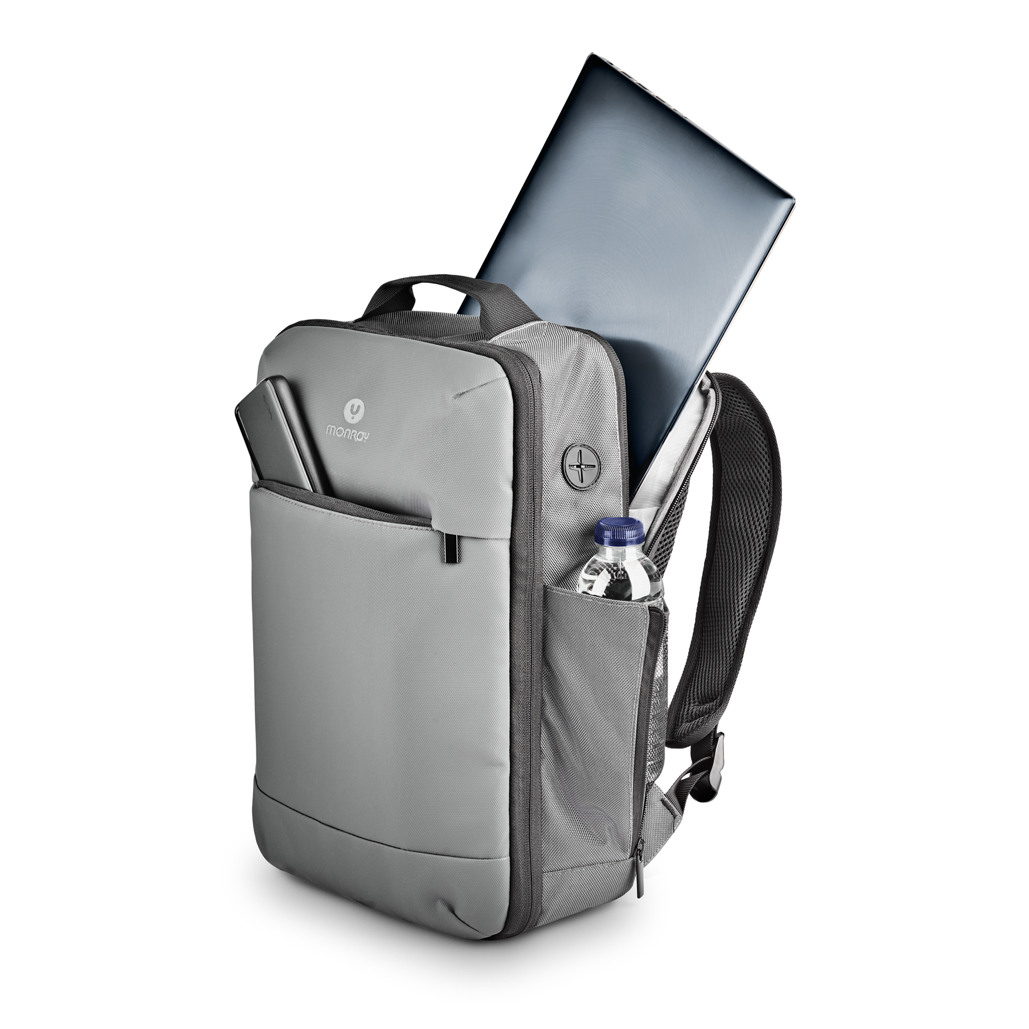 Mochila gris con portátil, teléfono y botella de agua