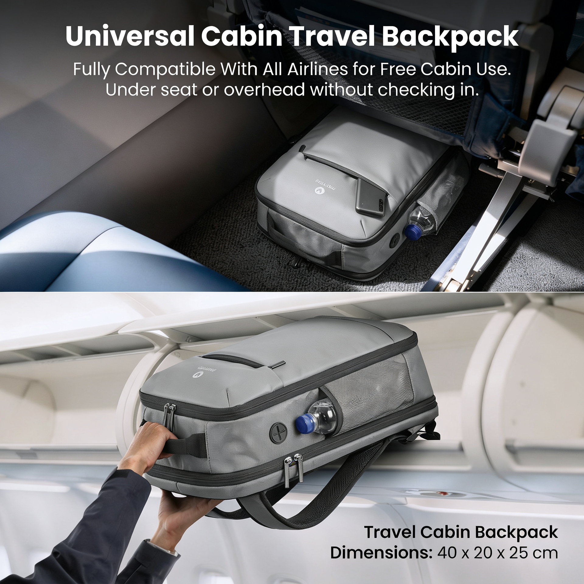 Mochila gris de viaje para avión, cabe debajo del asiento u overhead. Medidas: 40x20x25cm.