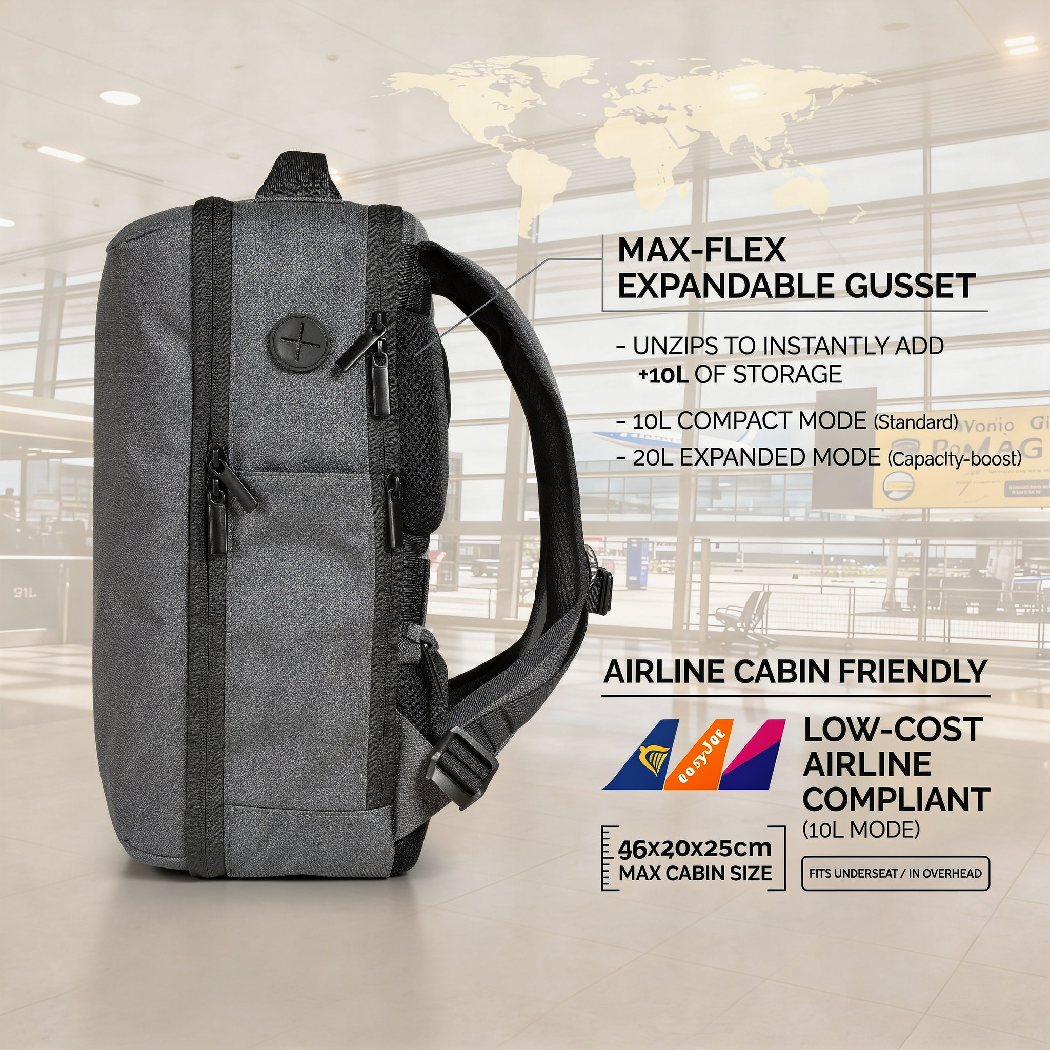 Mochila gris con mapa mundial y logos de aerolíneas, dimensiones 46x20x25cm.
