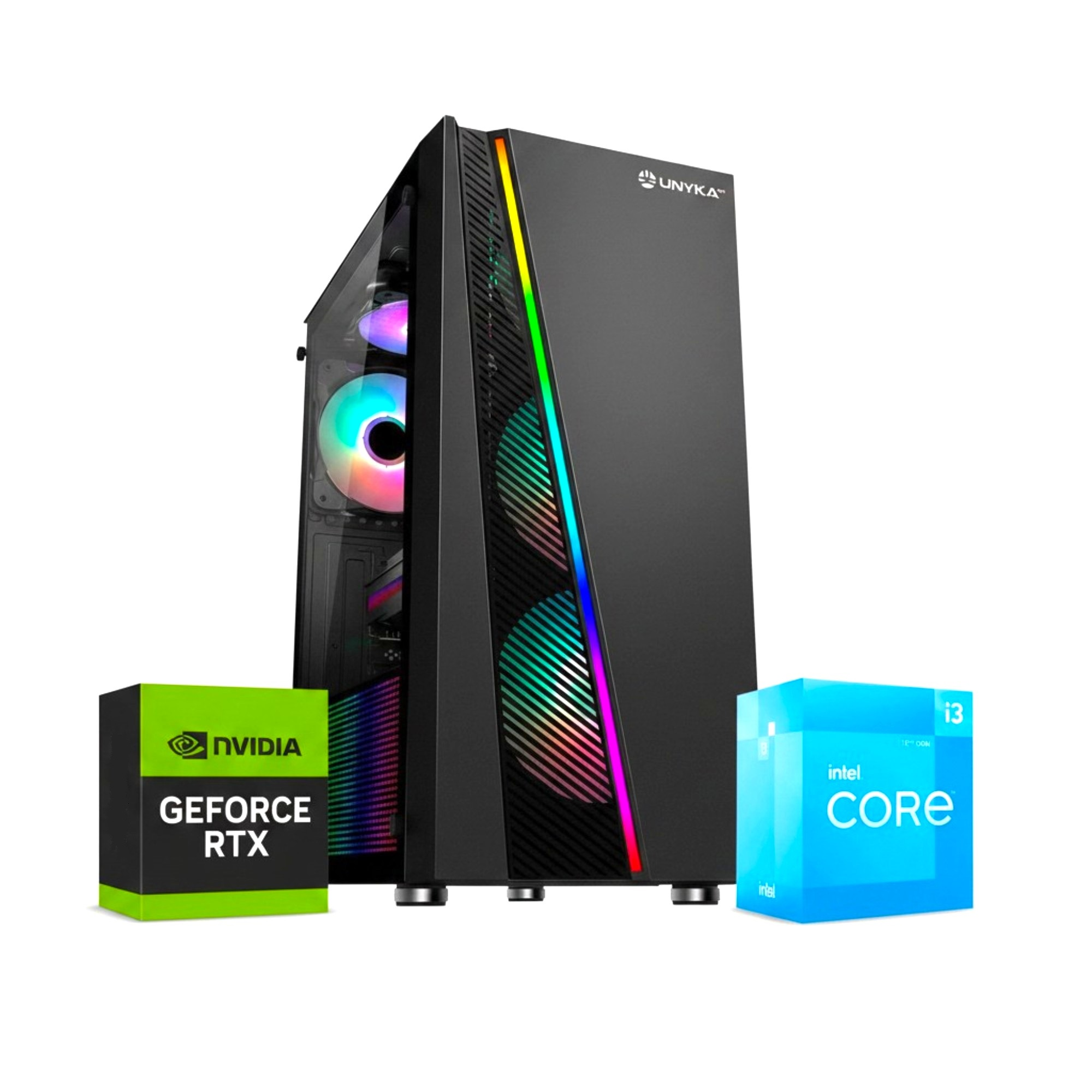 PC negro con iluminación RGB, cajas Nvidia RTX e Intel Core i3.