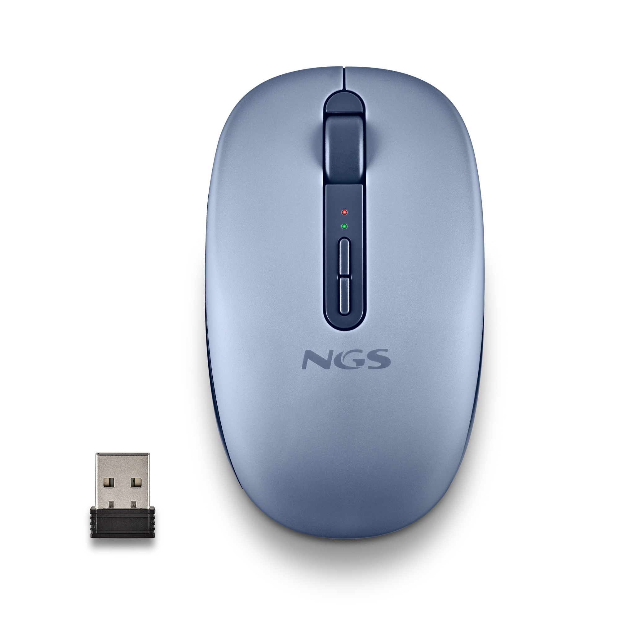 Un mouse NGS blu e dongle USB su sfondo bianco.