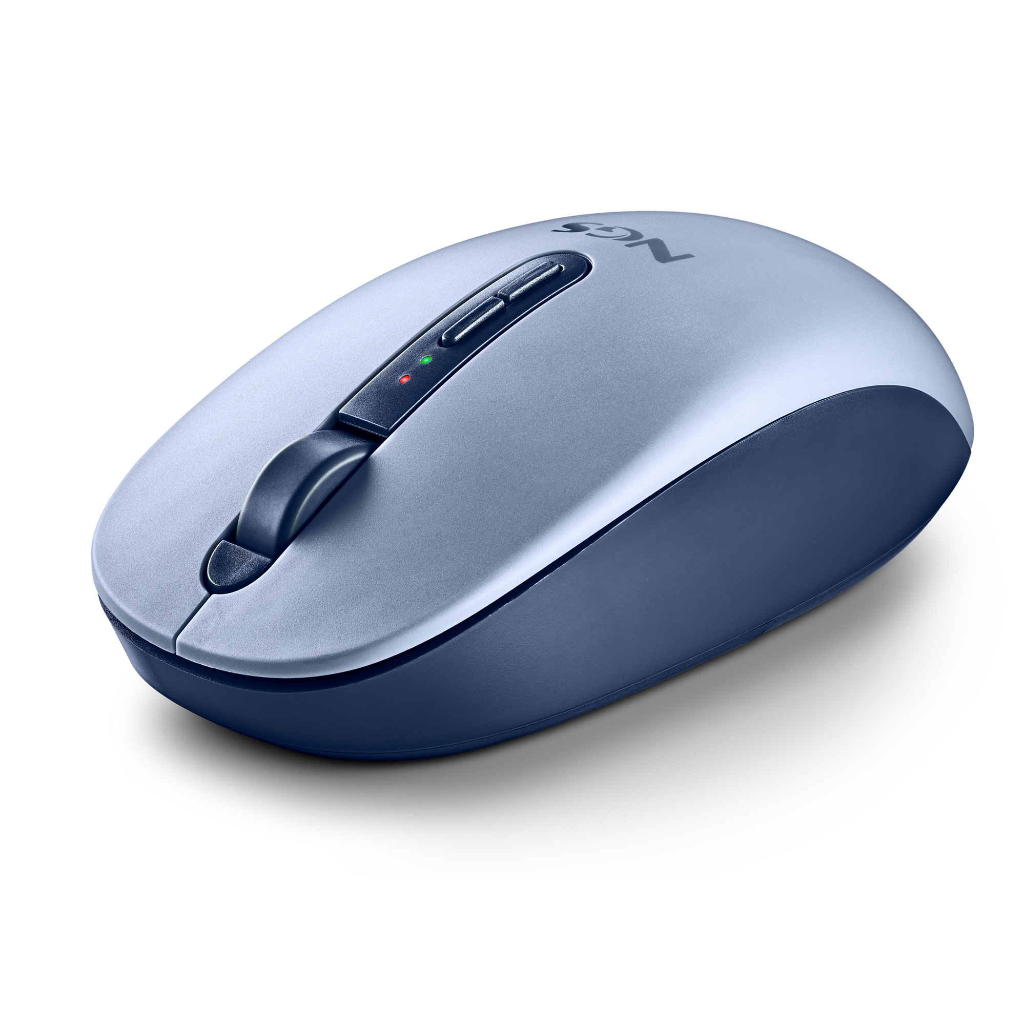 Un mouse del computer blu con rotella e pulsanti, su sfondo bianco.