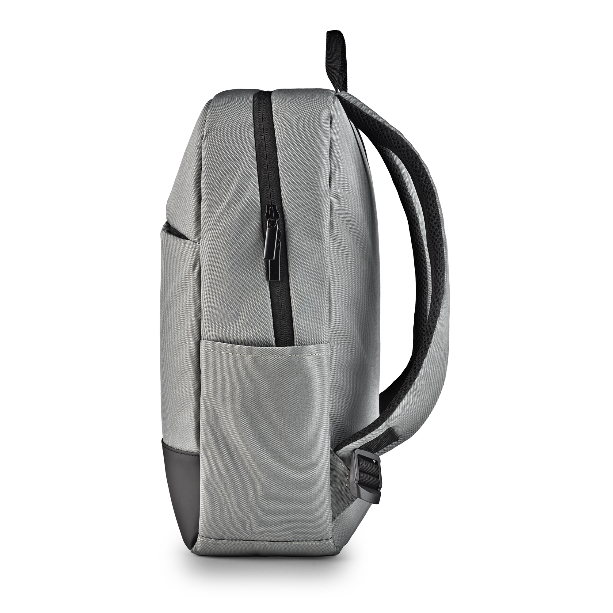 Zaino grigio con cerniere e spalline nere, vista laterale.