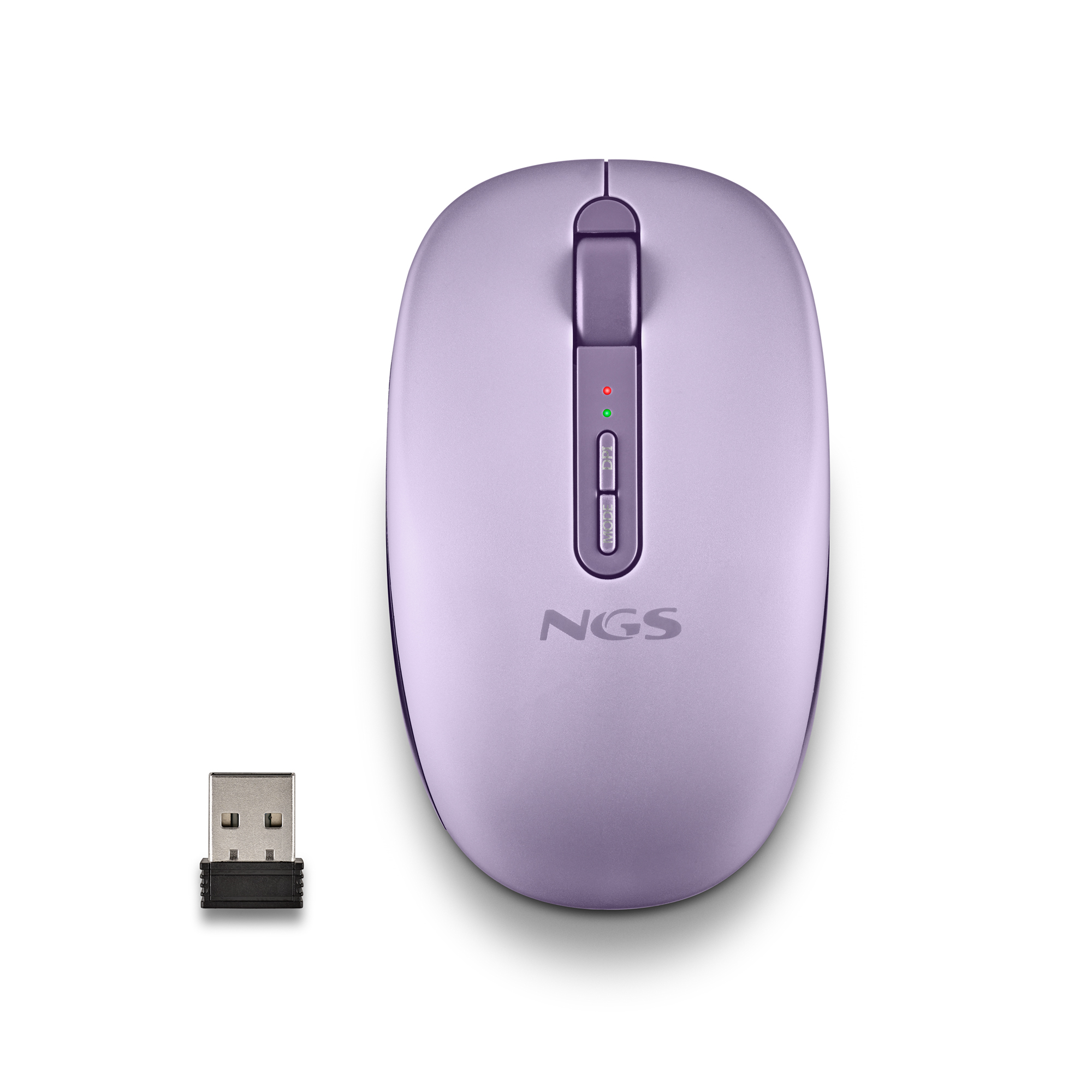 Un mouse lavanda e il suo dongle USB su sfondo bianco.