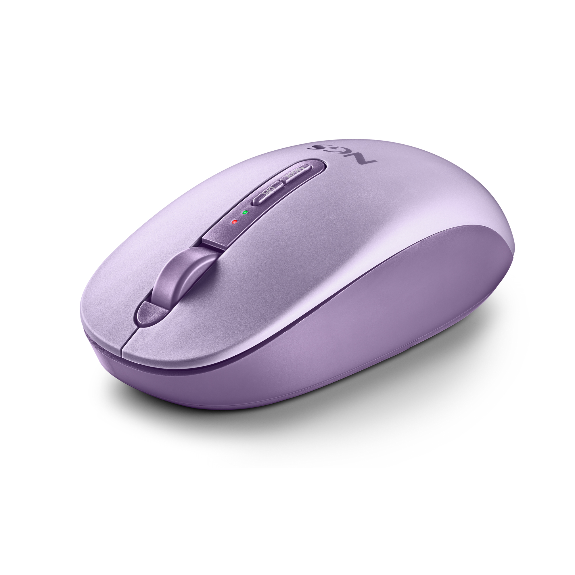 Un mouse viola per computer con rotellina di scorrimento e pulsante DPI su sfondo bianco.