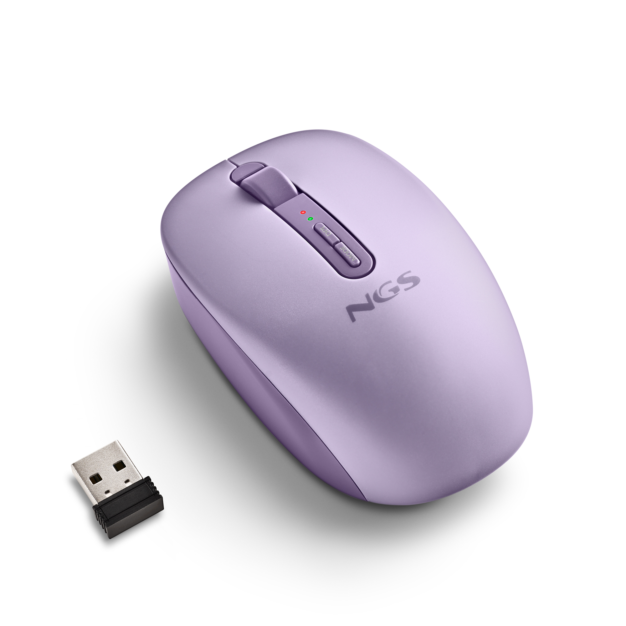 Un mouse viola lavanda con un ricevitore USB.