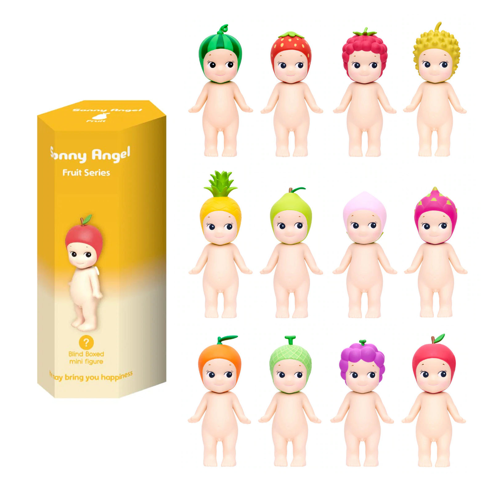 Sonny Angel Früchteserie Blindbox-Figuren: Wassermelone, Erdbeere, Himbeere, Ananas, Birne, Traube, Apfel.