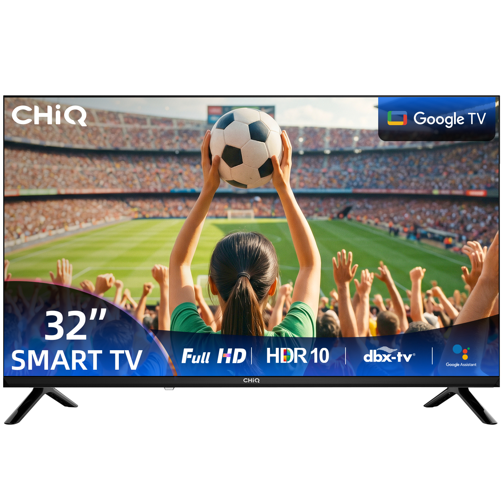 Telewizor Smart TV 32 cale z Google TV, pokazujący piłkę nożną przed stadionem.