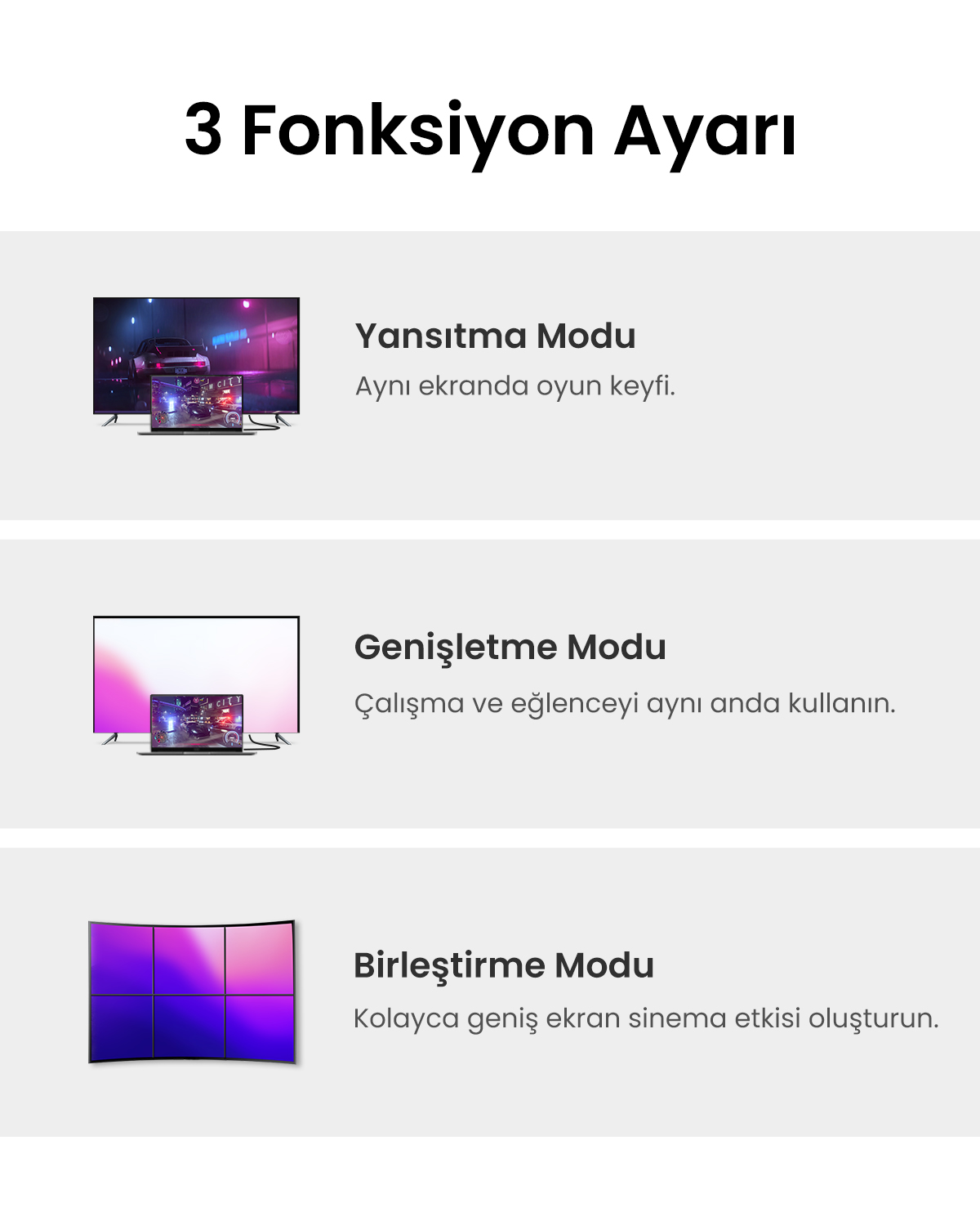 Üç fonksiyon modu: Yansıtma, Genişletme ve Birleştirme.