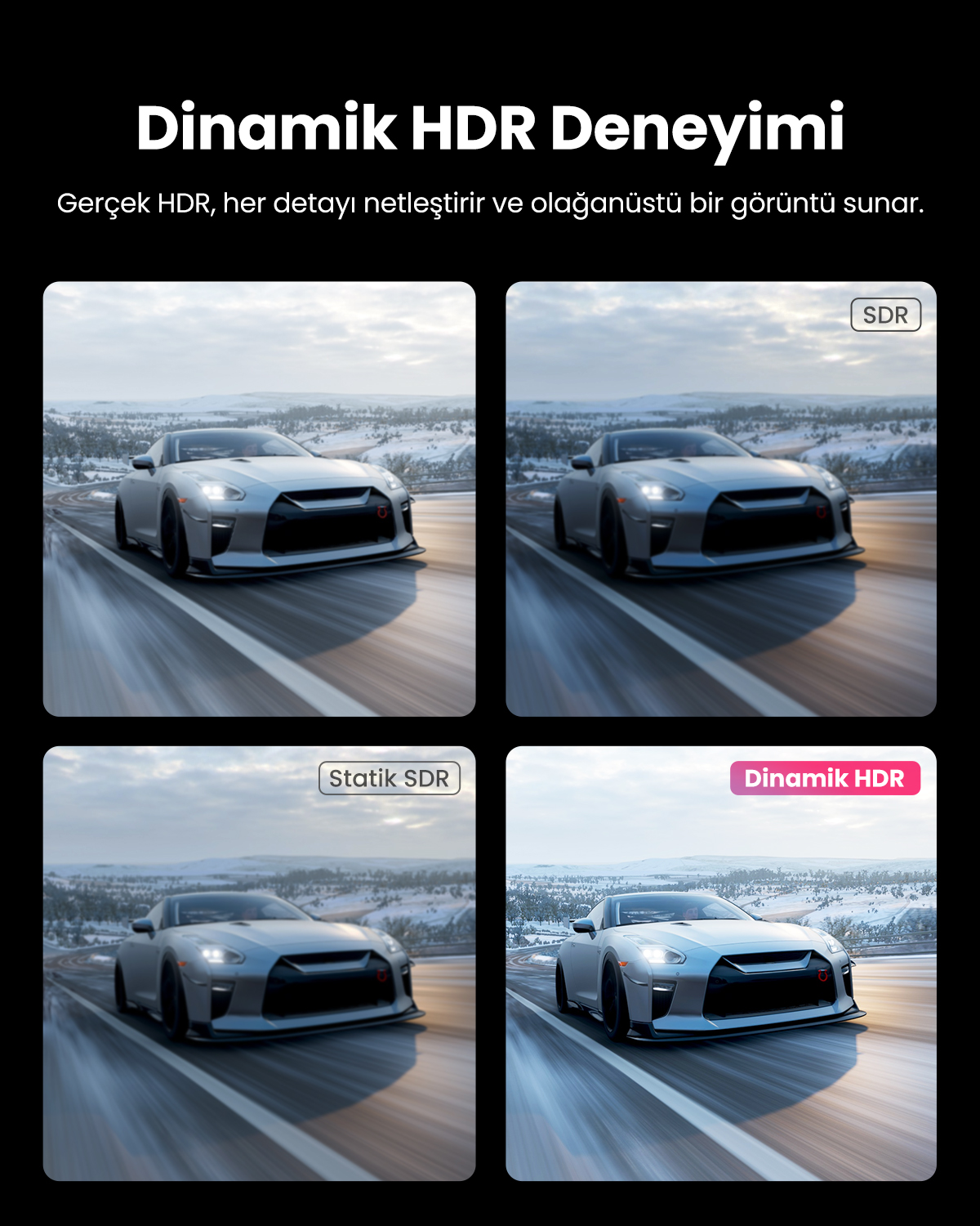 Karlı yolda bir arabanın dört görüntüsü; üçü SDR, biri Dinamik HDR.