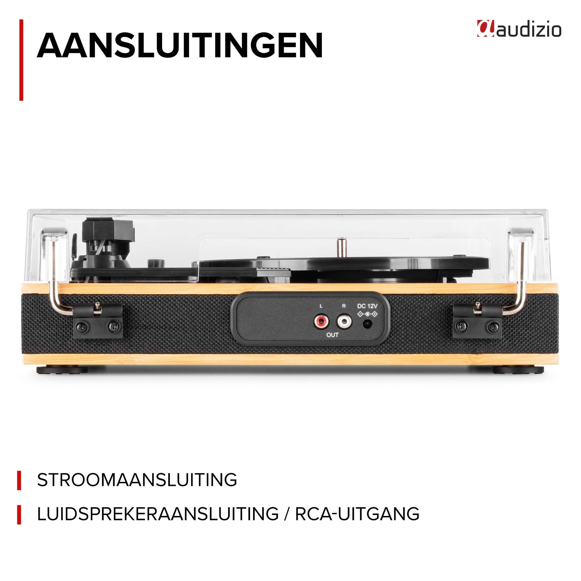 Turntable with connection ports and Audizio logo.