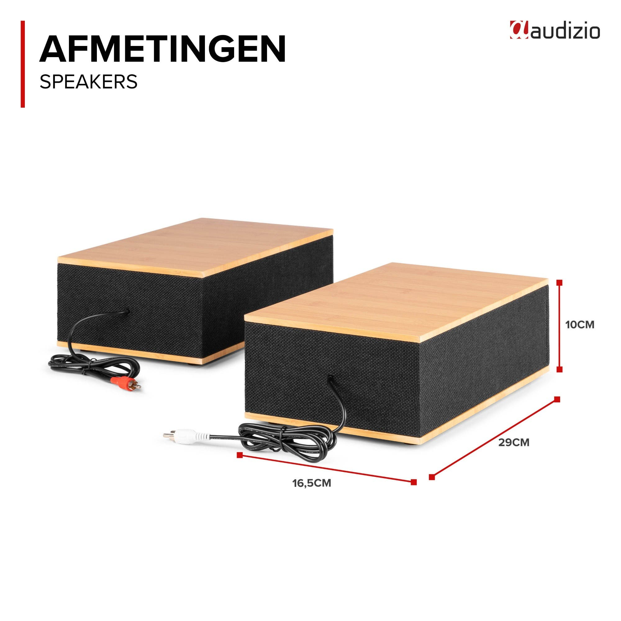 Two speakers with wood tops and black fabric fronts, with cables. Dimensions shown.