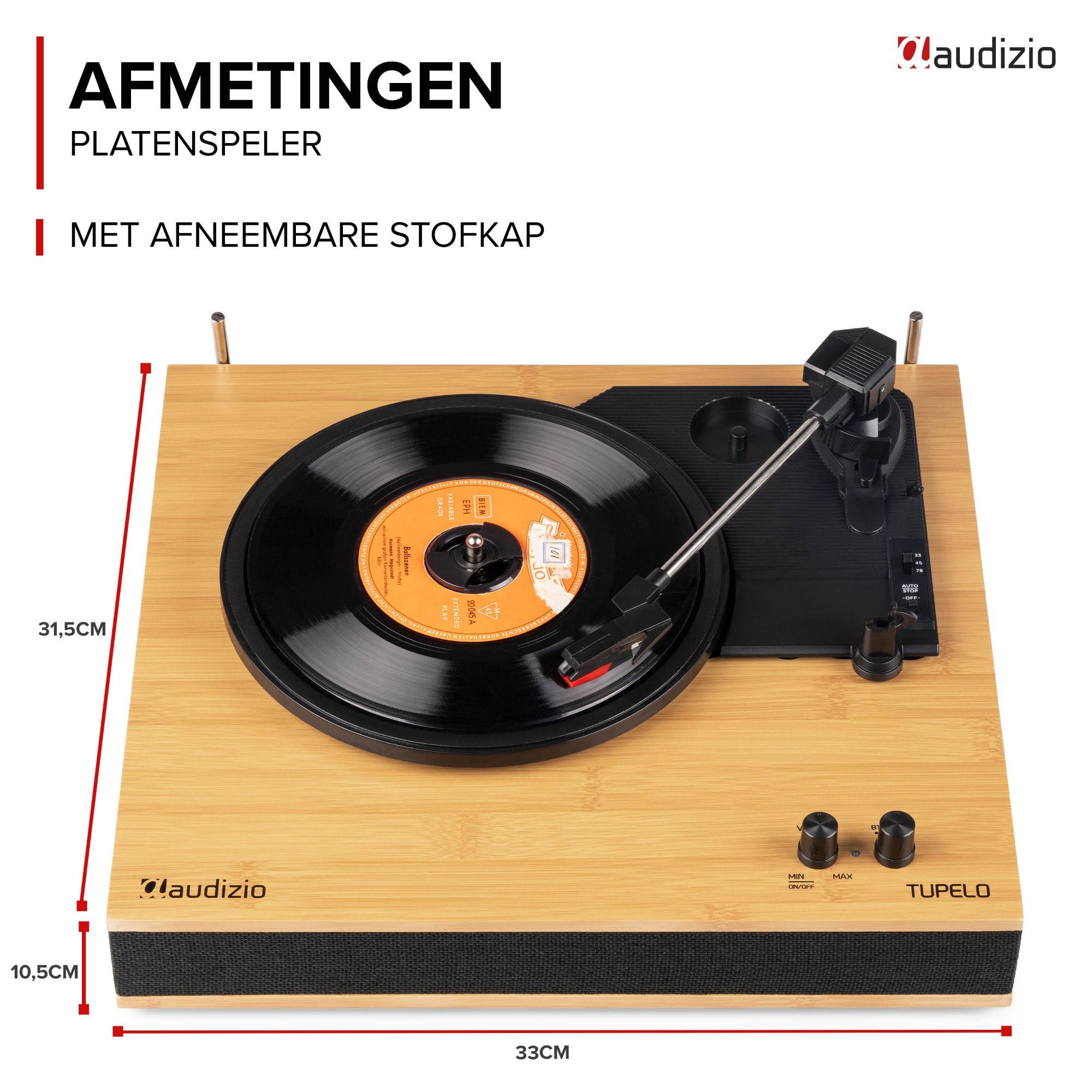 A wooden turntable playing a vinyl record. Dimensions are indicated.
