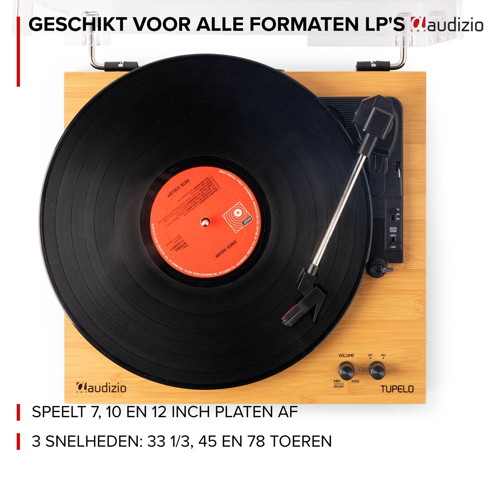 A wooden turntable with a black vinyl record and tonearm.
