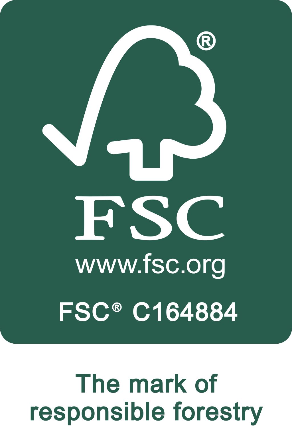 FSC-Logo mit Baum und Text 'Das Zeichen verantwortungsvoller Forstwirtschaft'.