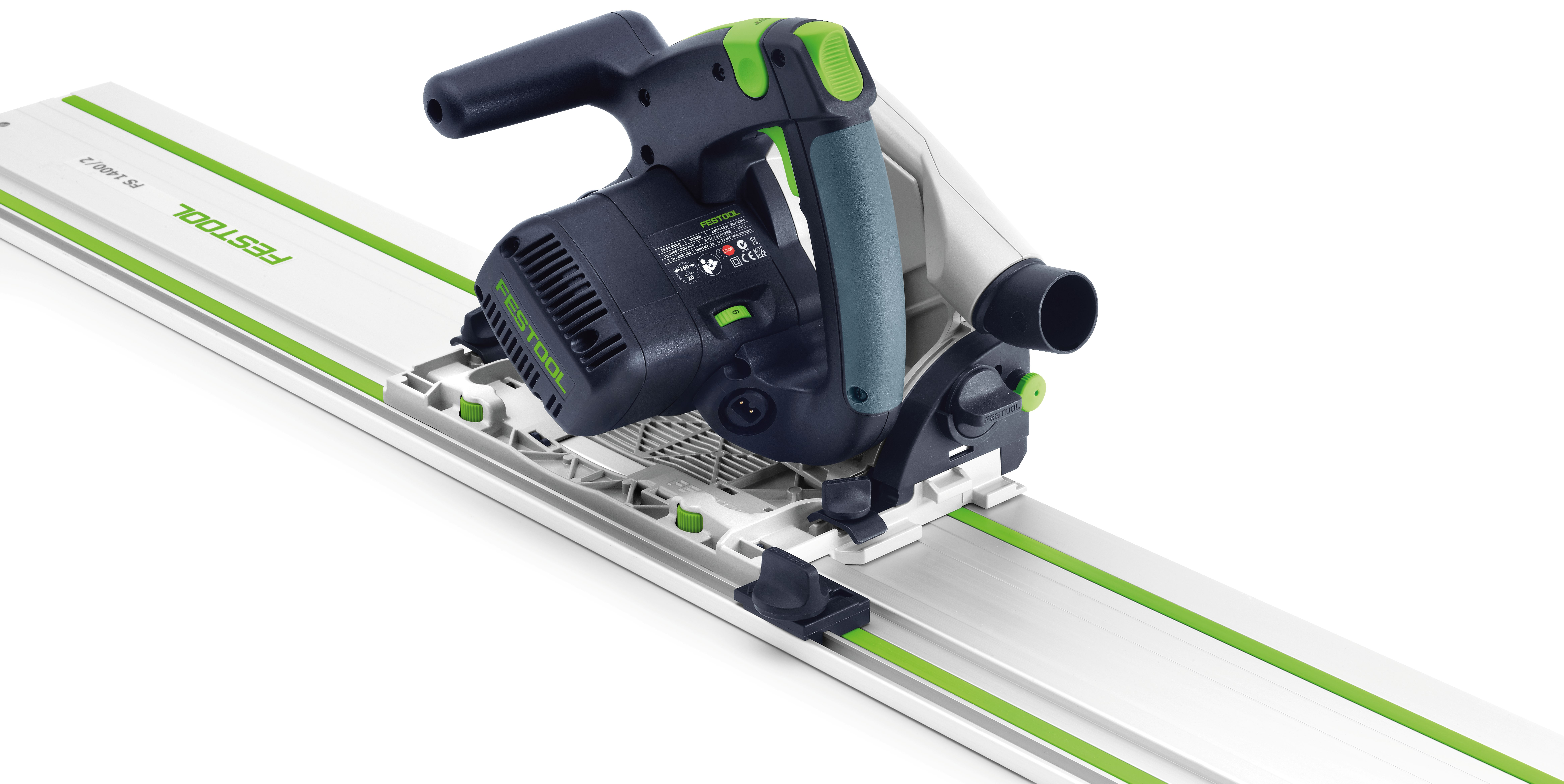 Festool Kreissäge auf einer Führungsschiene, weißer Hintergrund.