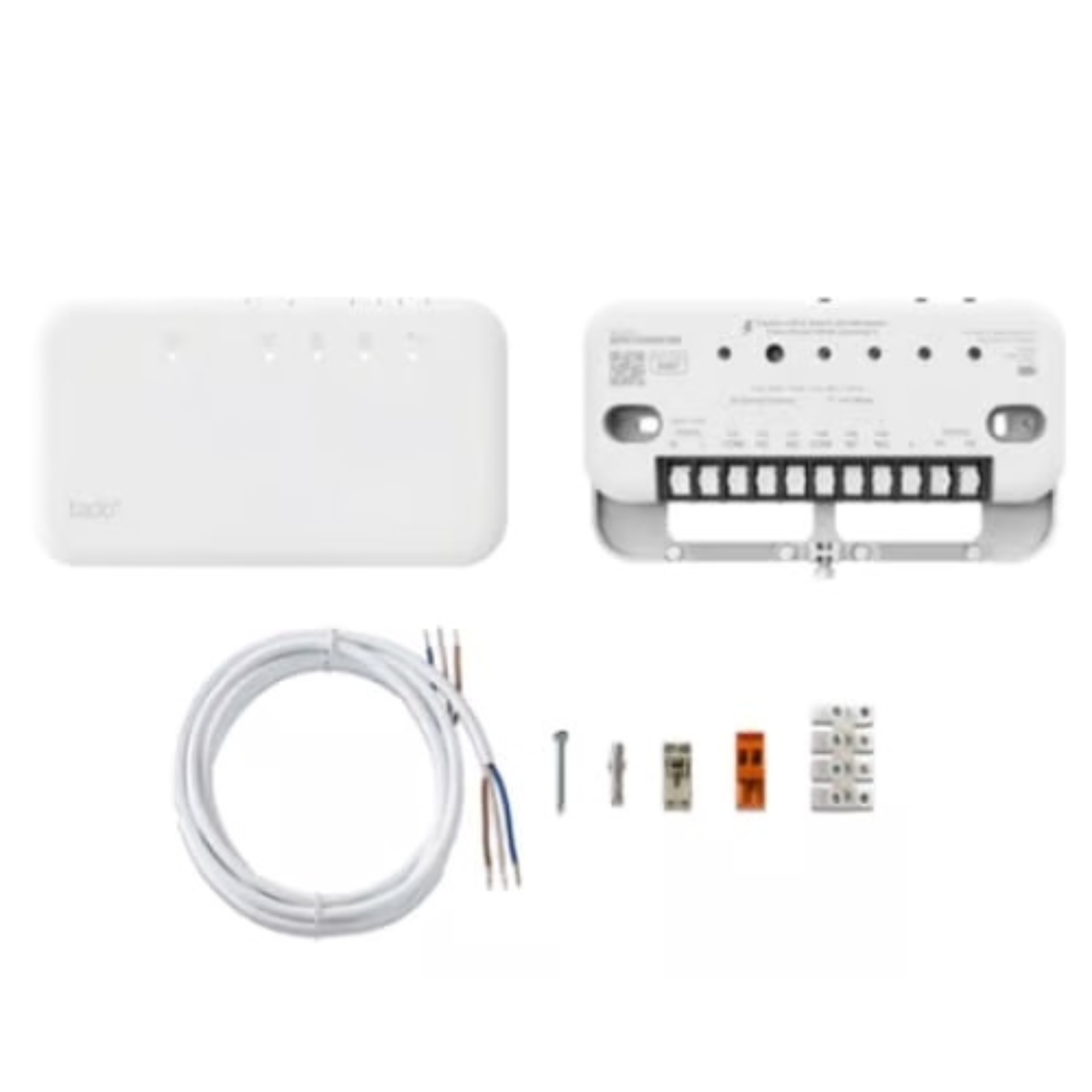 A white heating controller set with cables and connectors.