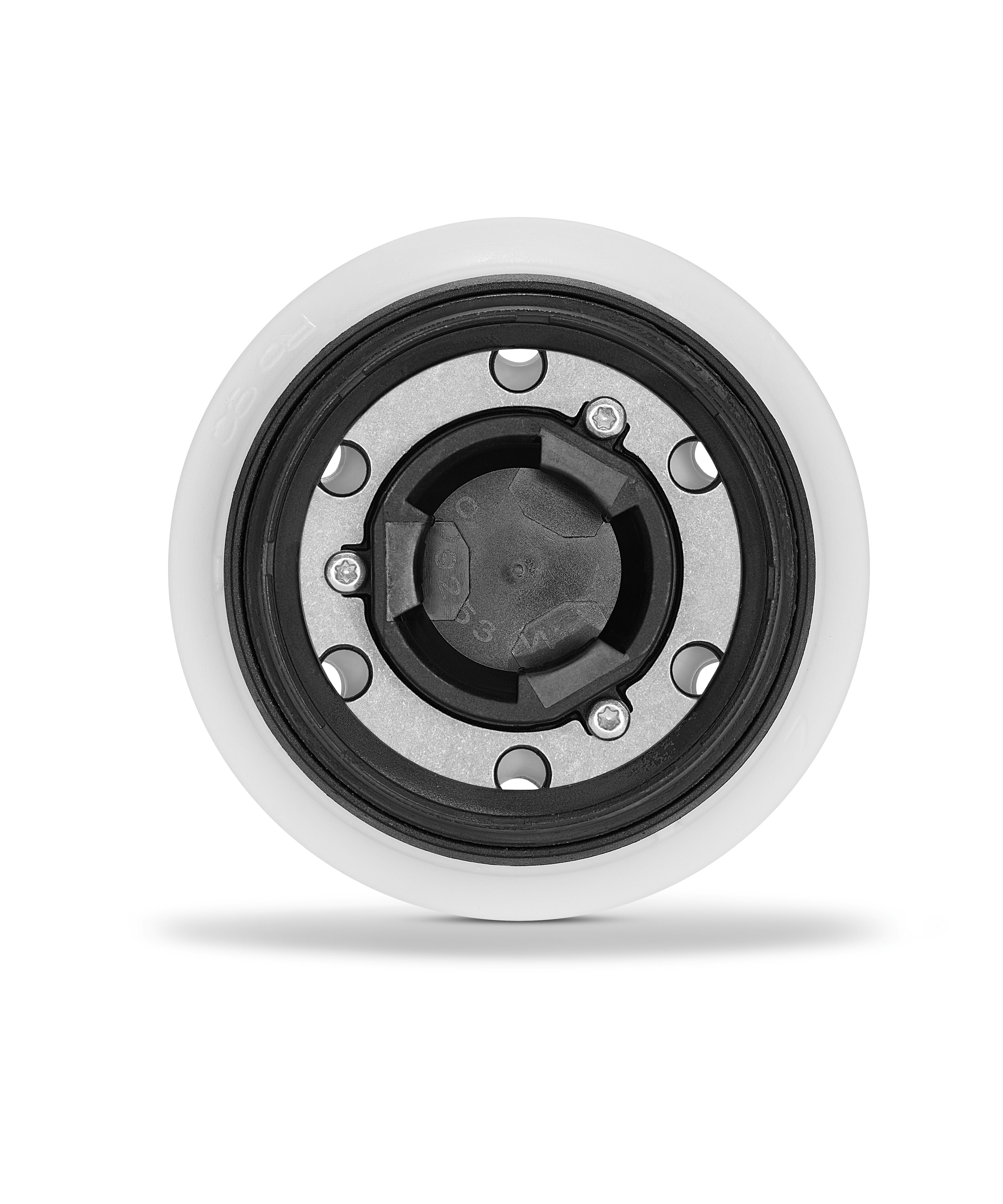 Ein weißer Ring mit schwarzem Gummi und einem silbernen Kern mit Schrauben.