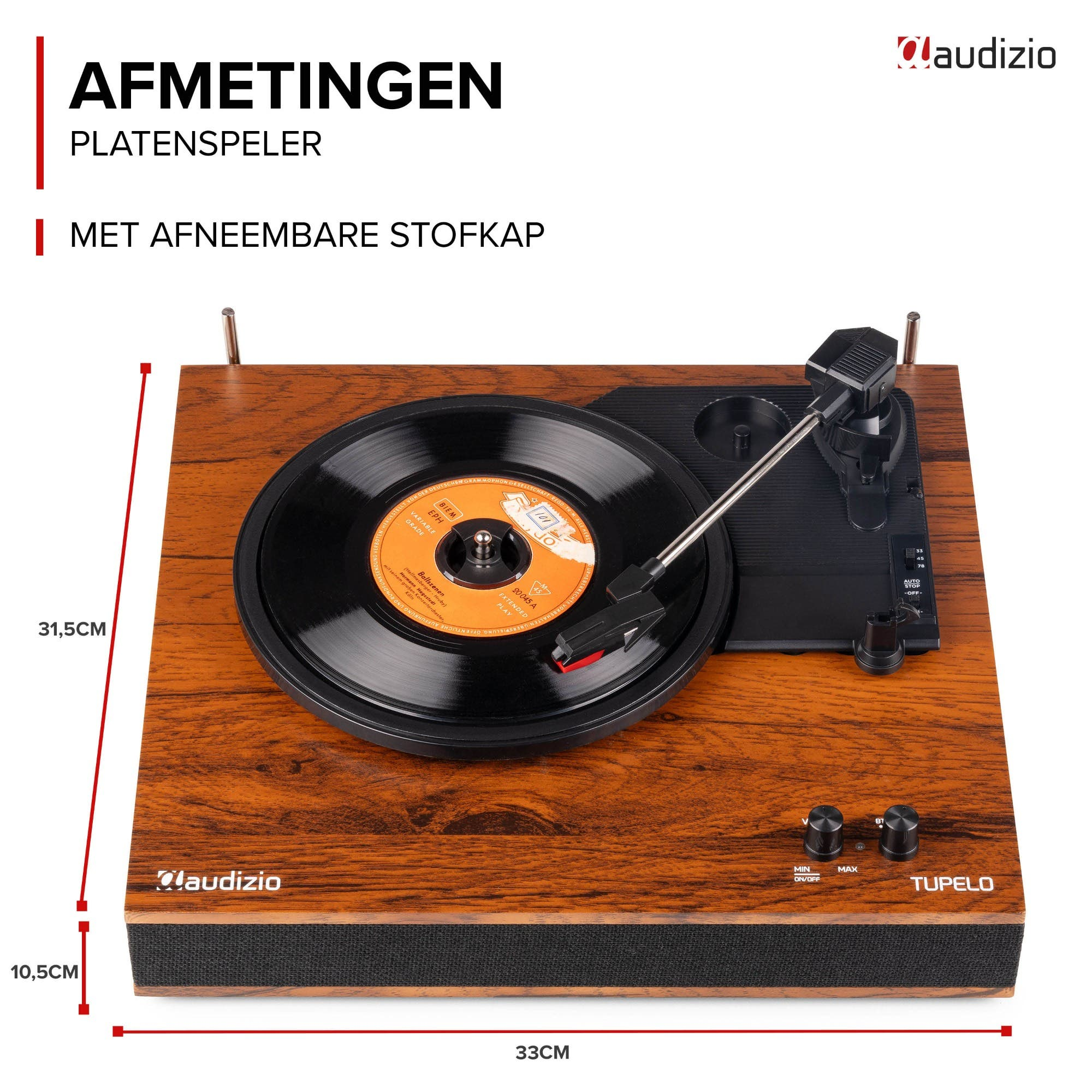 Wooden record player with black tonearm and spinning vinyl record. Dimensions are shown.