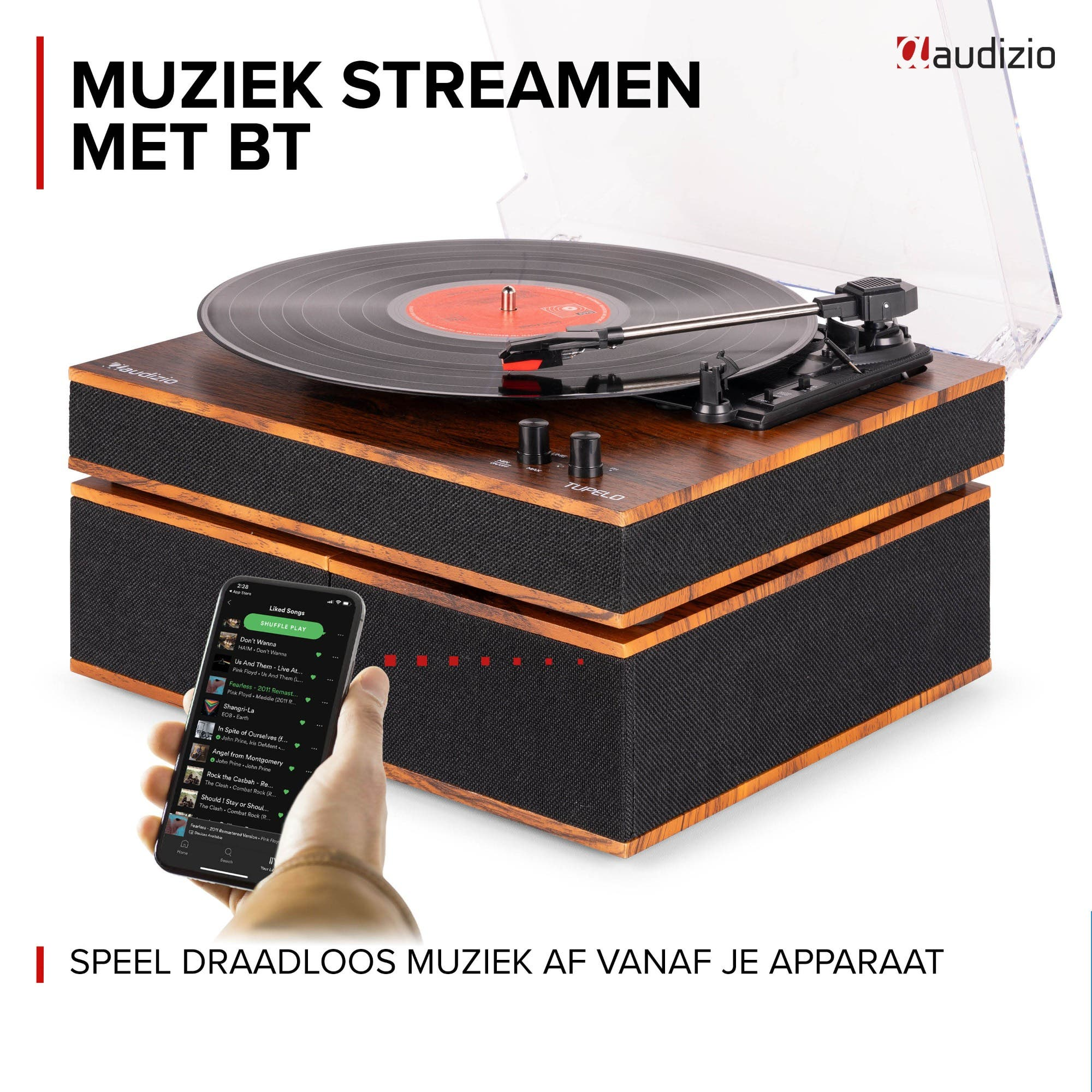 A wooden record player, a smartphone, and text.