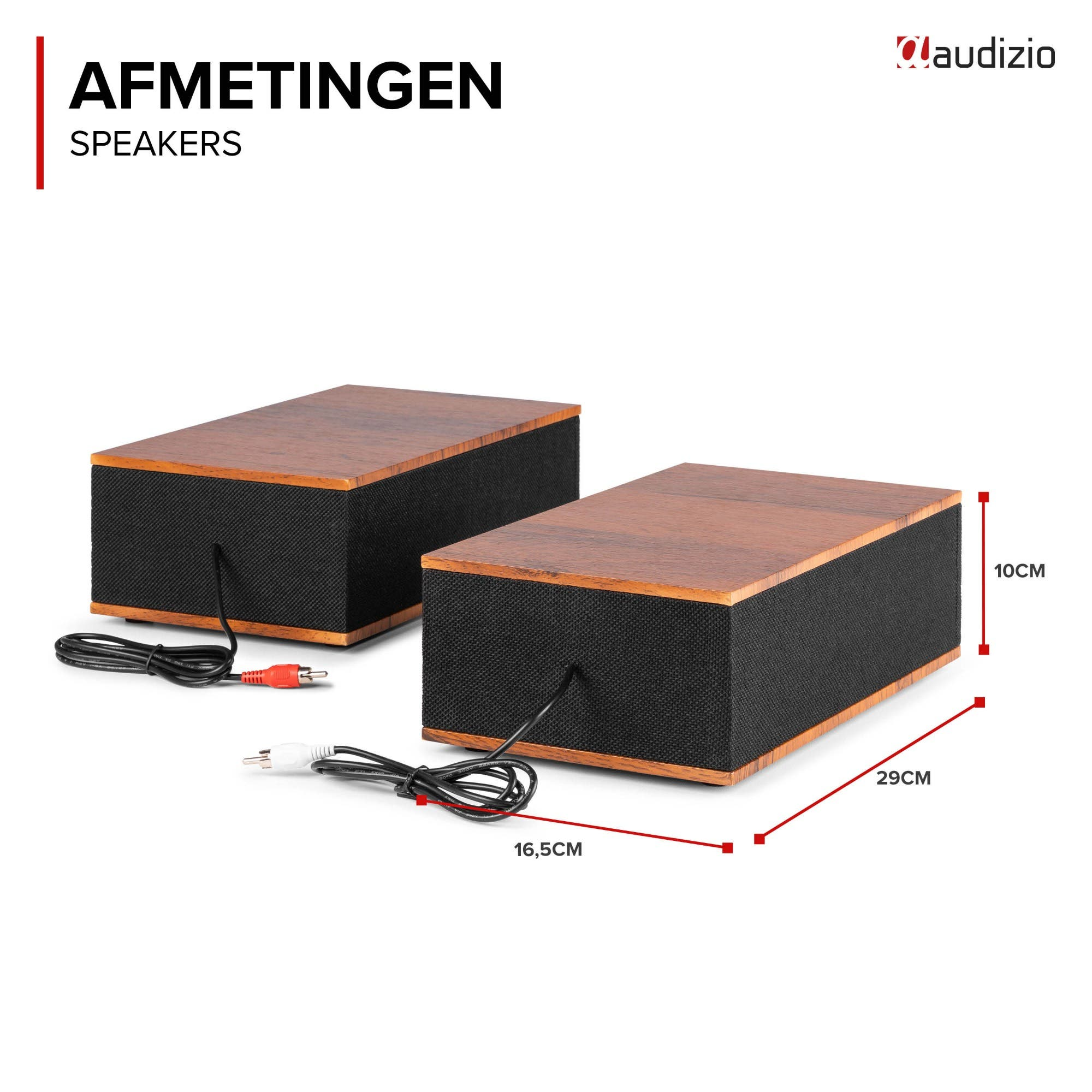 Two wooden speakers with black fabric fronts, cables and RCA connectors.
