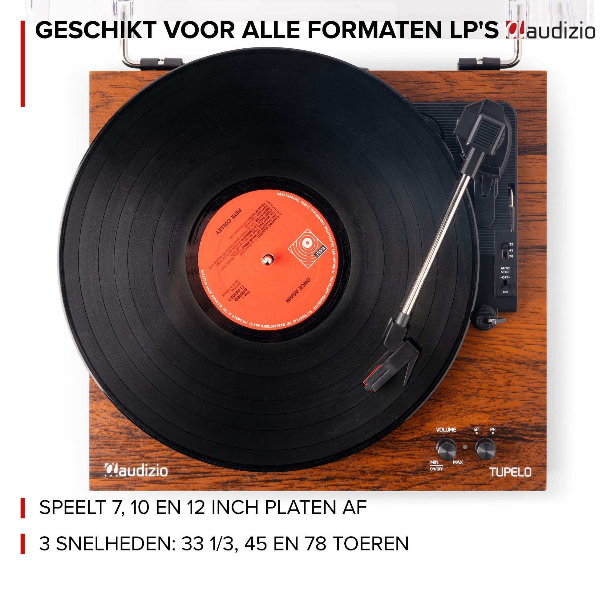 Wooden record player with vinyl, tonearm, and control buttons.