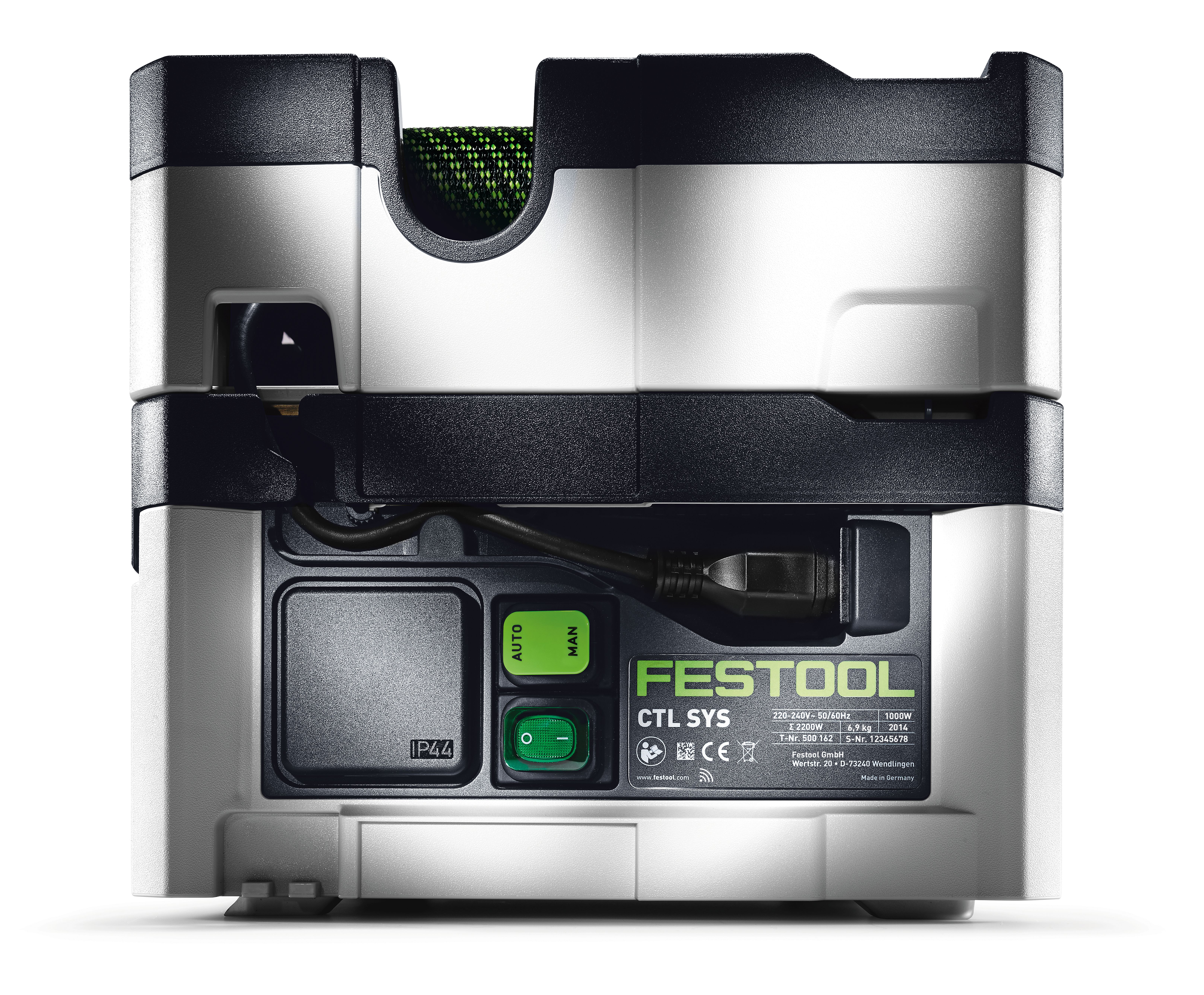 Rückseite eines Festool CTL SYS Staubabsaugers mit Anschlüssen und Etikett.