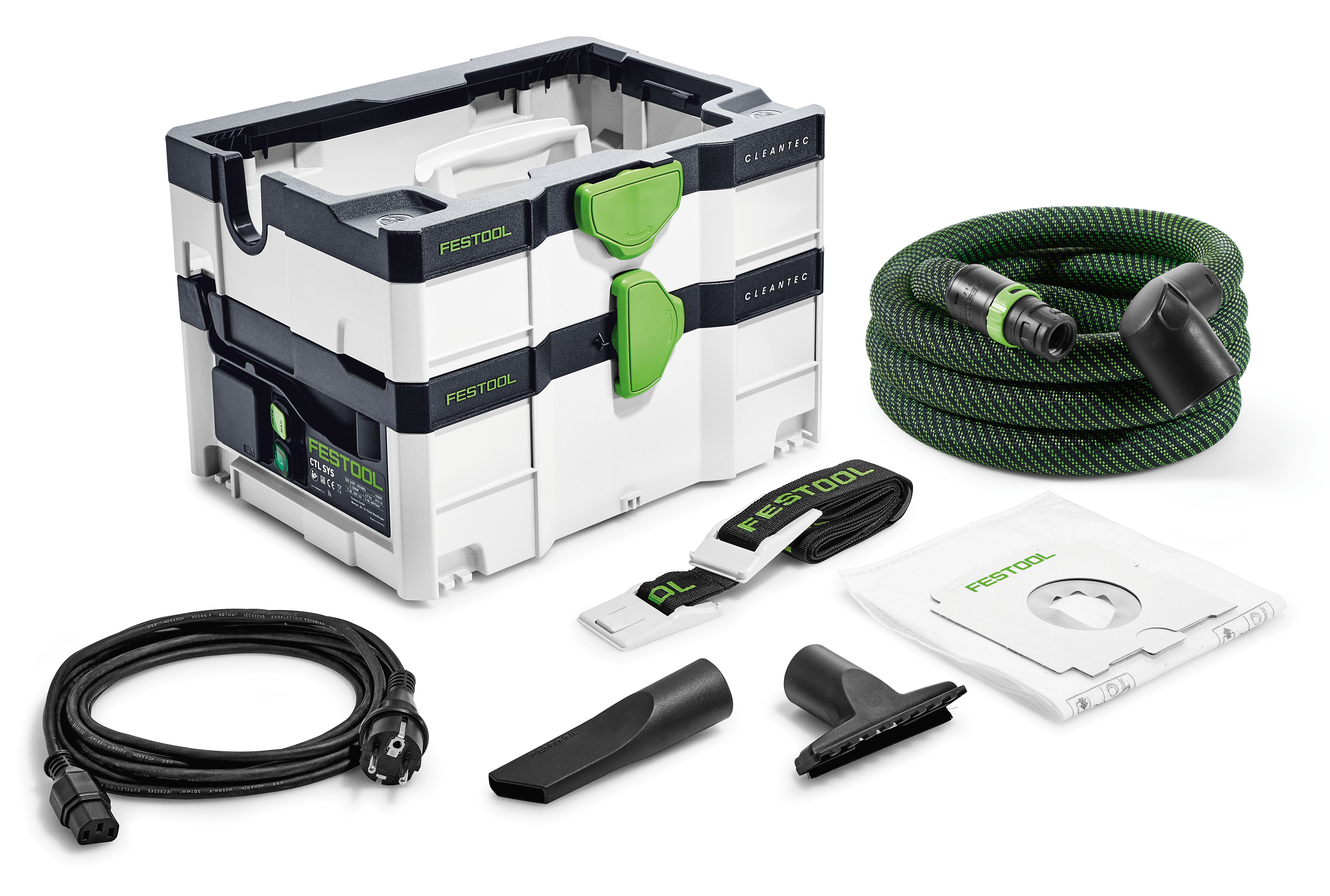 Festool Systainer mit Schlauch, Kabel und Zubehör auf weißem Hintergrund.