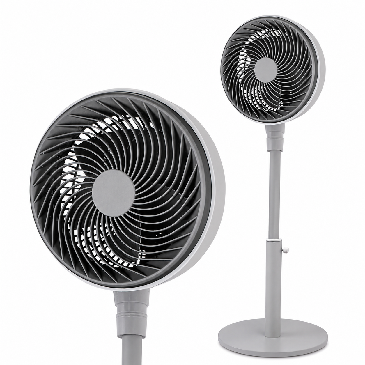 Dos ventiladores de pie grises con cabezales redondos y rejillas oscuras sobre fondo blanco.