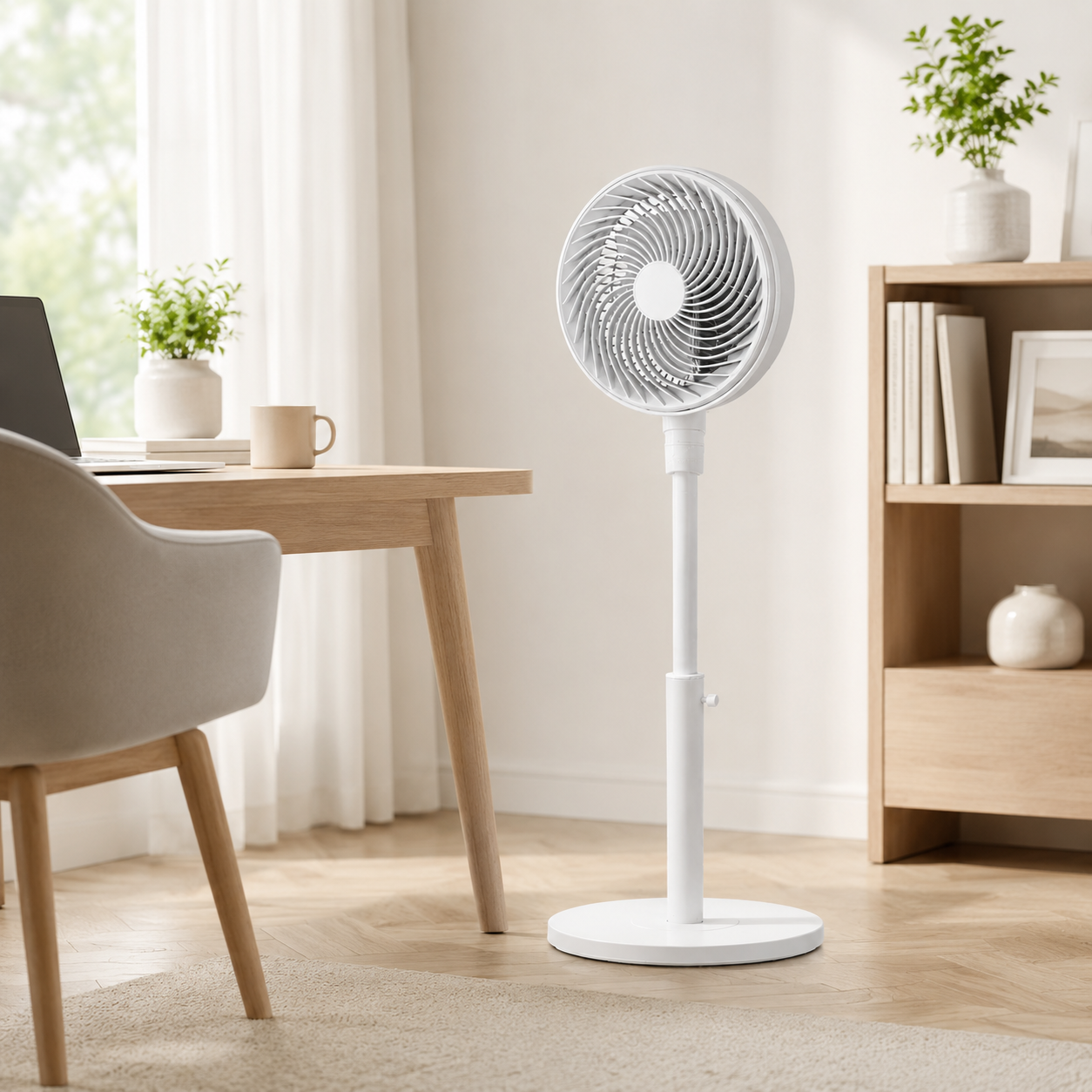 Un ventilador de pie blanco junto a un escritorio con portátil y una estantería.