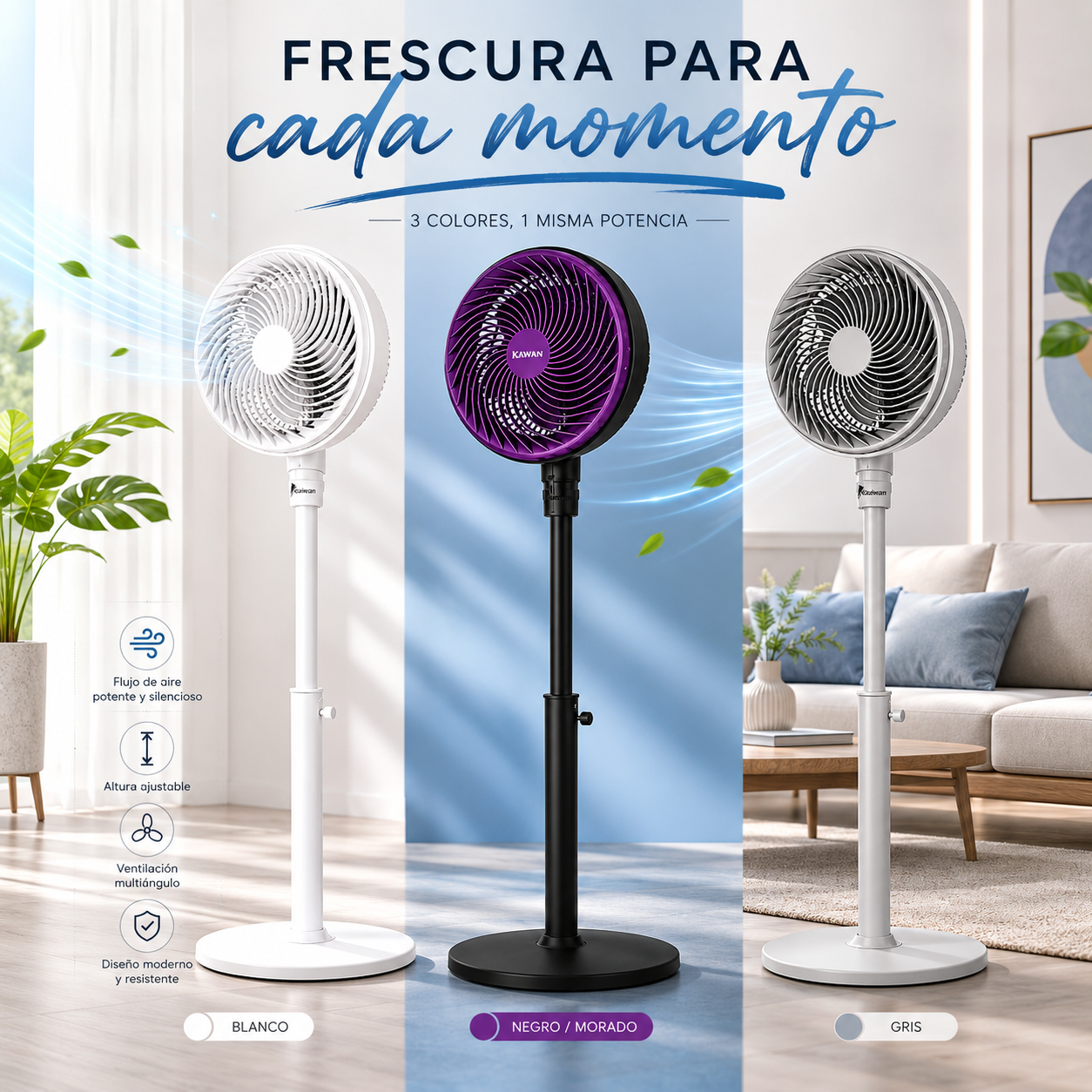 Tres ventiladores de pie en blanco, morado y gris con iconos.
