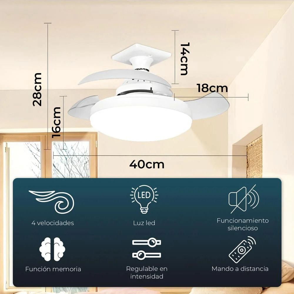 Lámpara de ventilador de techo blanca con dimensiones y características.