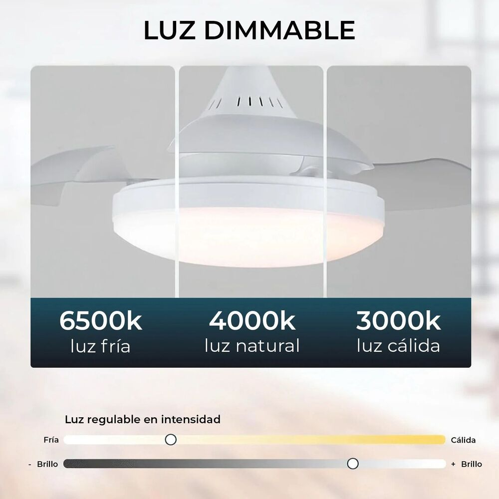 Ventilador de techo con luz regulable en 3 temperaturas de color: 6500k, 4000k, 3000k.
