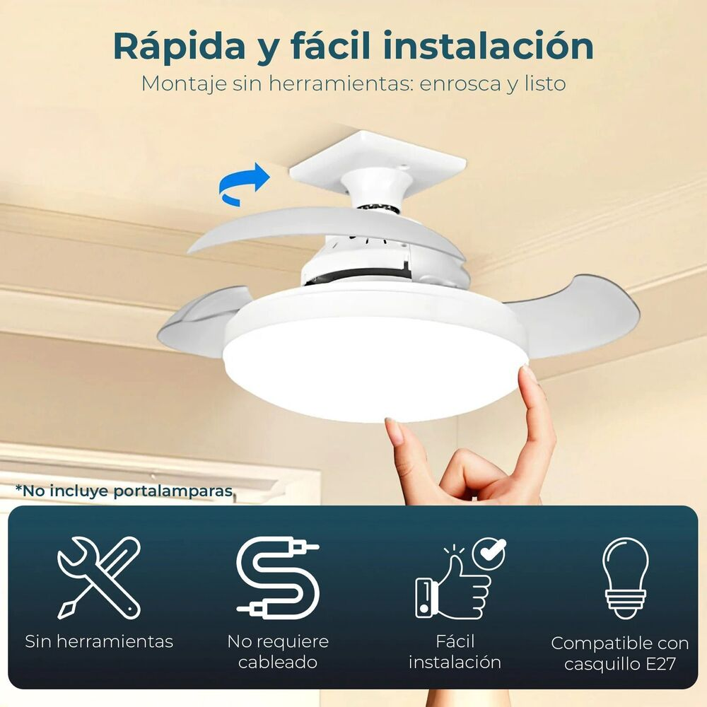 Un ventilador de techo blanco con luz se está instalando. Montaje sin herramientas.