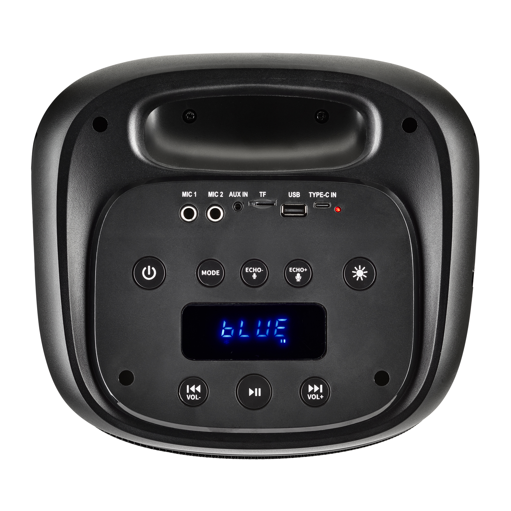 Altavoz negro con controles: entradas de micro, USB, modo, eco, reproducir/pausa, botones de volumen.