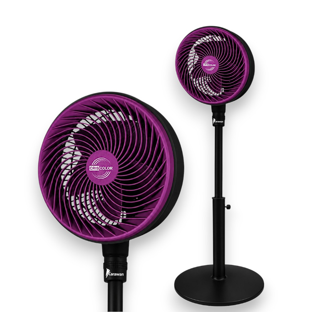Dos ventiladores Karawan morados sobre soportes negros frente a fondo blanco.