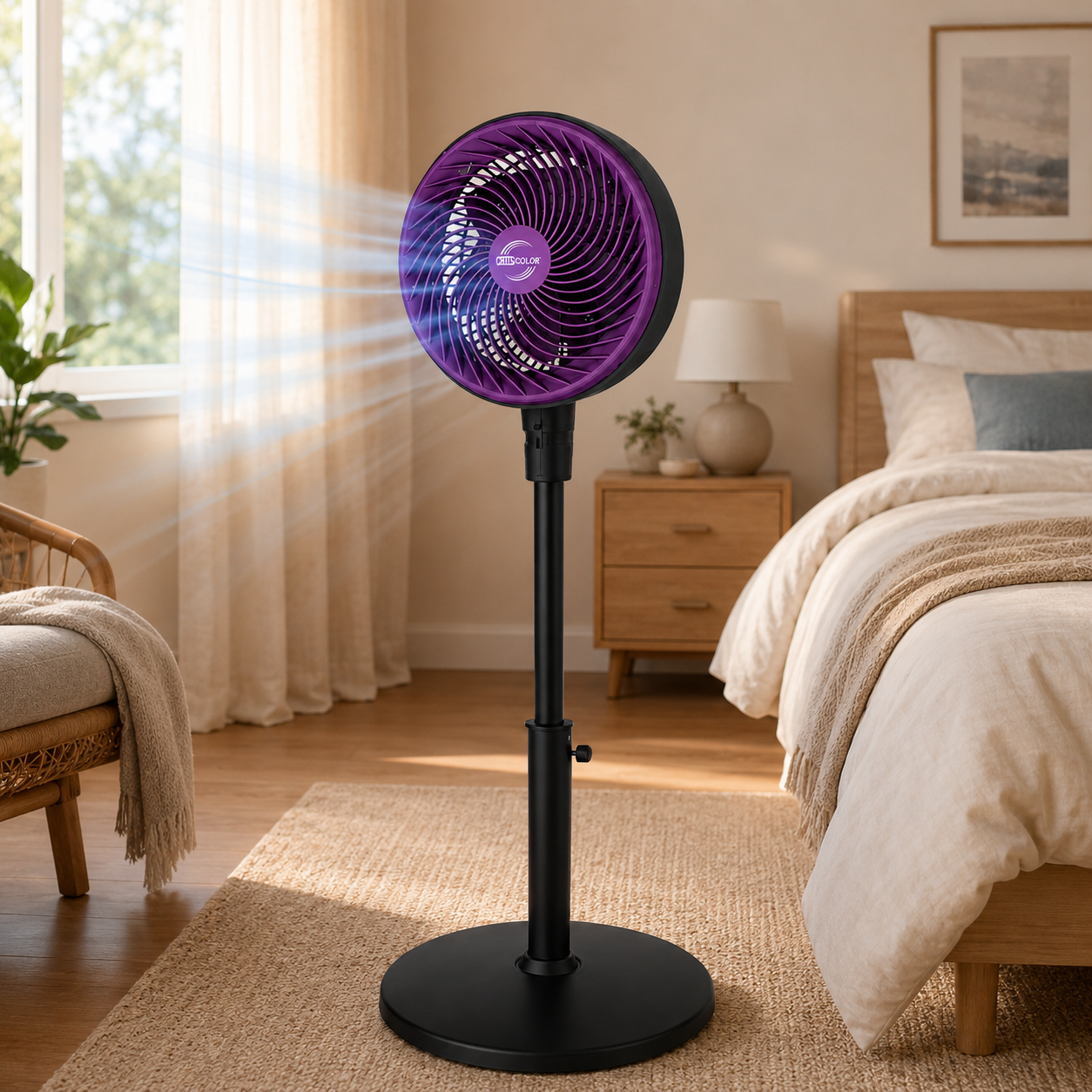 Un ventilador de pie morado con flujo de aire en un dormitorio junto a una cama.