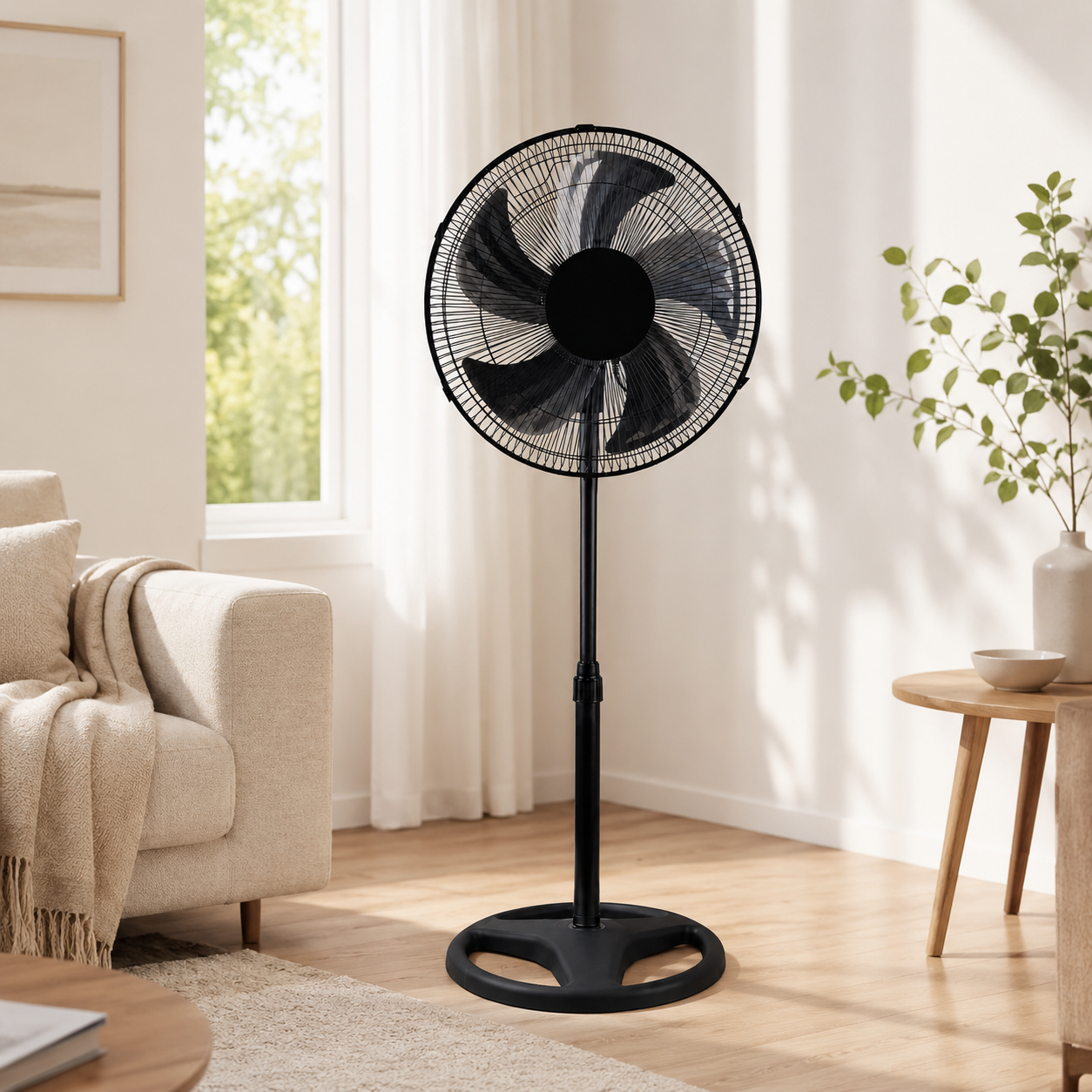 Un ventilador de pie negro se encuentra sobre un suelo de madera junto a un sofá y mesa auxiliar.