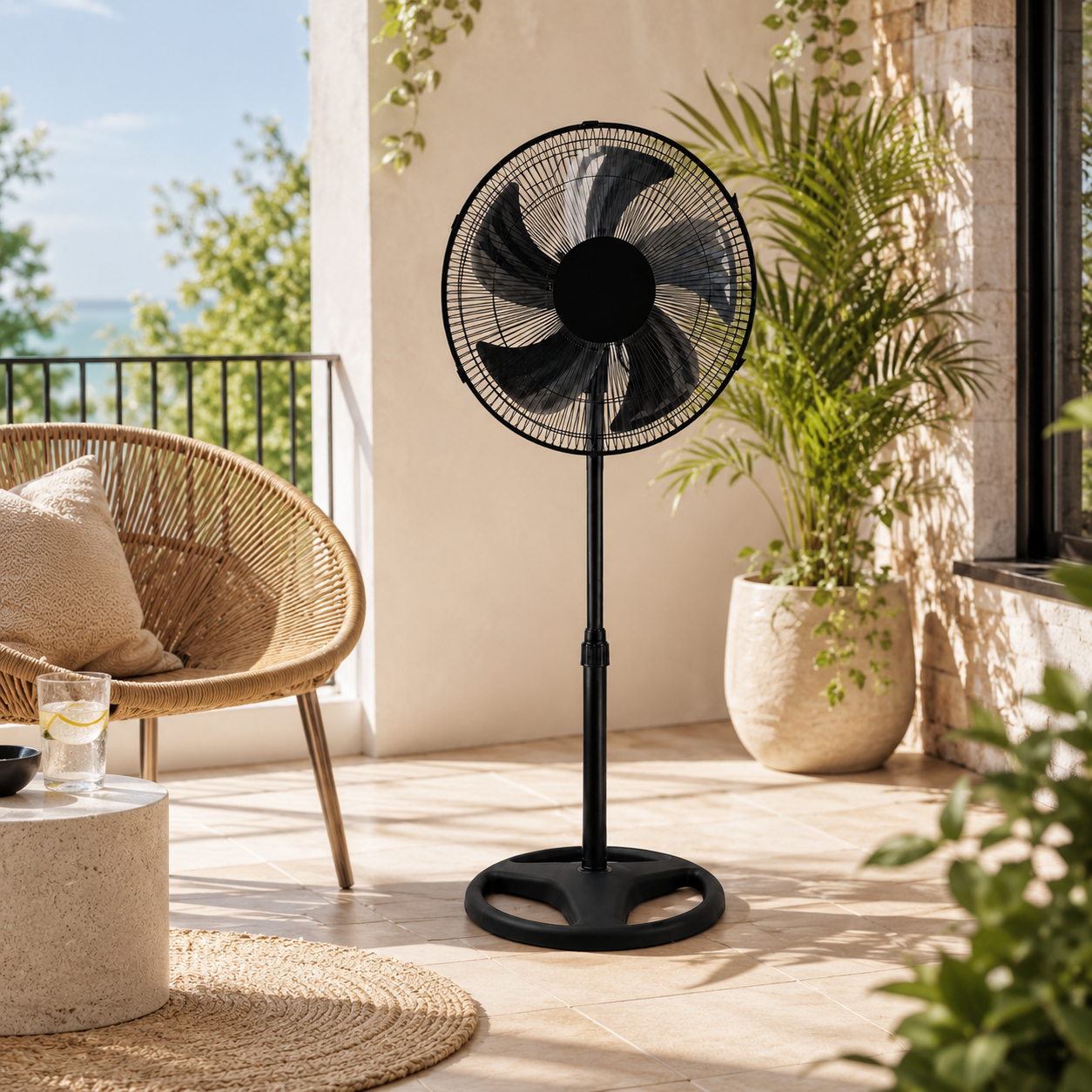 Un ventilador de pie negro está en un patio embaldosado junto a una silla de mimbre.