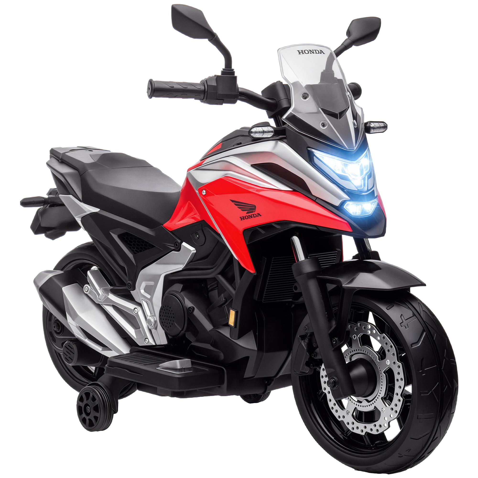 Moto Honda rossa con ruote di supporto e fari illuminati su sfondo bianco.