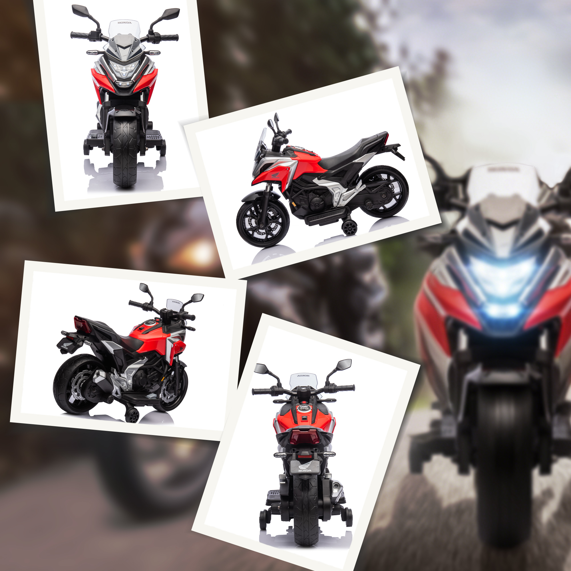 Moto giocattolo Honda rossa, vista frontale con ruote di addestramento.