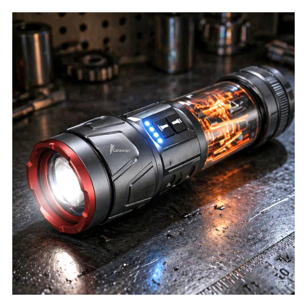 Una linterna táctica con anillo rojo, luces indicadoras azules y cuerpo transparente.