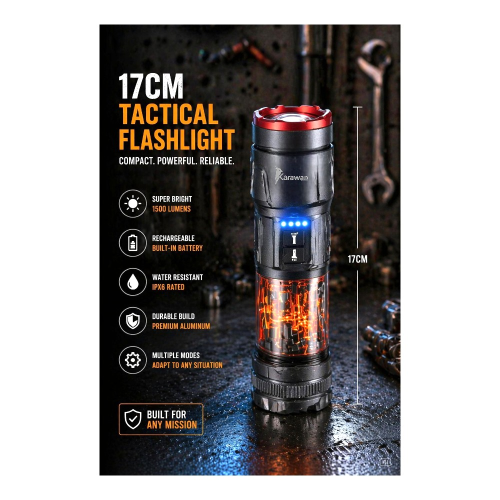 Una linterna táctica de 17cm con cuerpo negro, detalles rojos e interior naranja iluminado.
