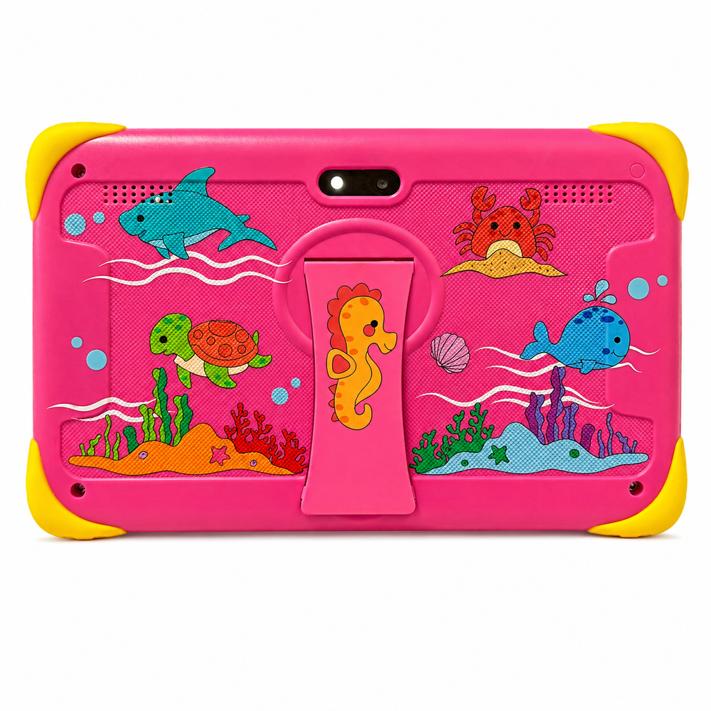 Tableta rosa con esquinas amarillas, presenta criaturas marinas como tiburón, tortuga, cangrejo, caballito de mar y ballena.