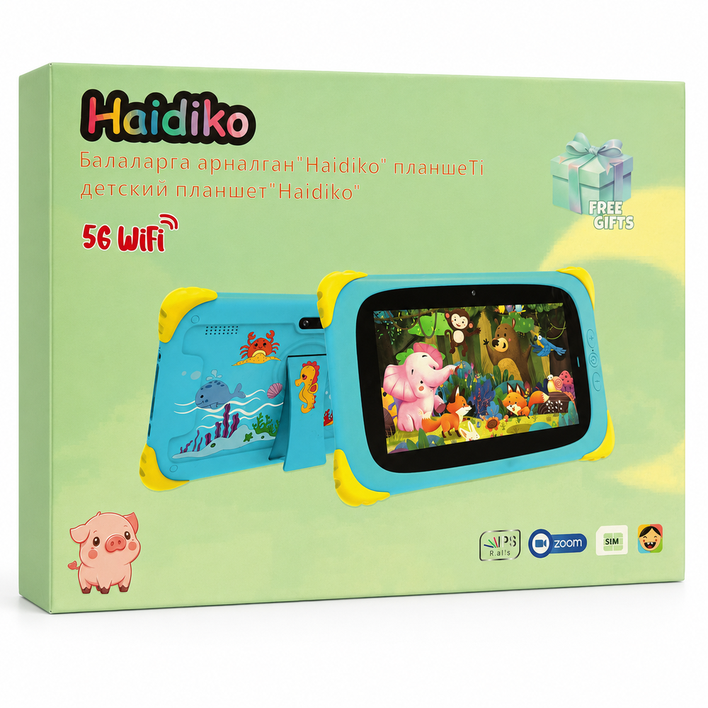 Una tablet infantil Haidiko con animales de dibujos animados en pantalla y carcasa. WiFi 5G.