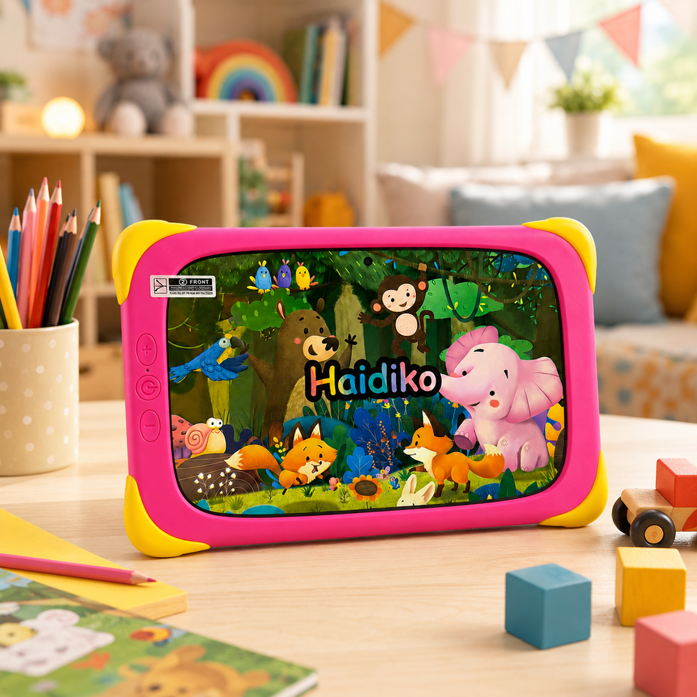 Una tablet rosa que muestra una escena de jungla con animales de dibujos animados.