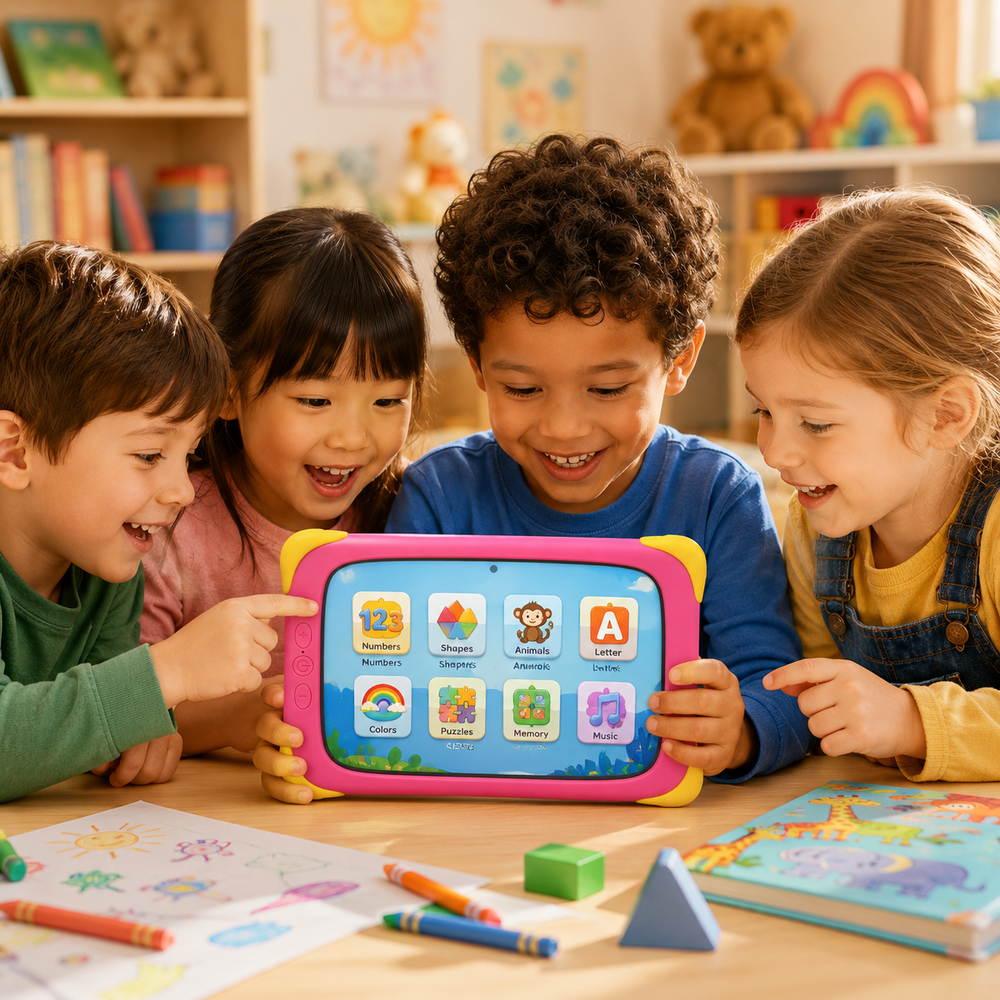 Cuatro niños ríen mirando una tablet con juegos educativos.